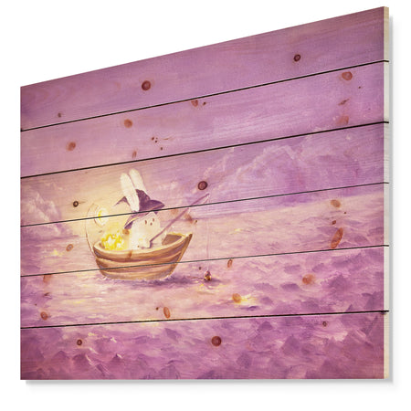 Rabbit catches stars in the sea - Sea & Shore Painting Print on Natural Pine Wood
