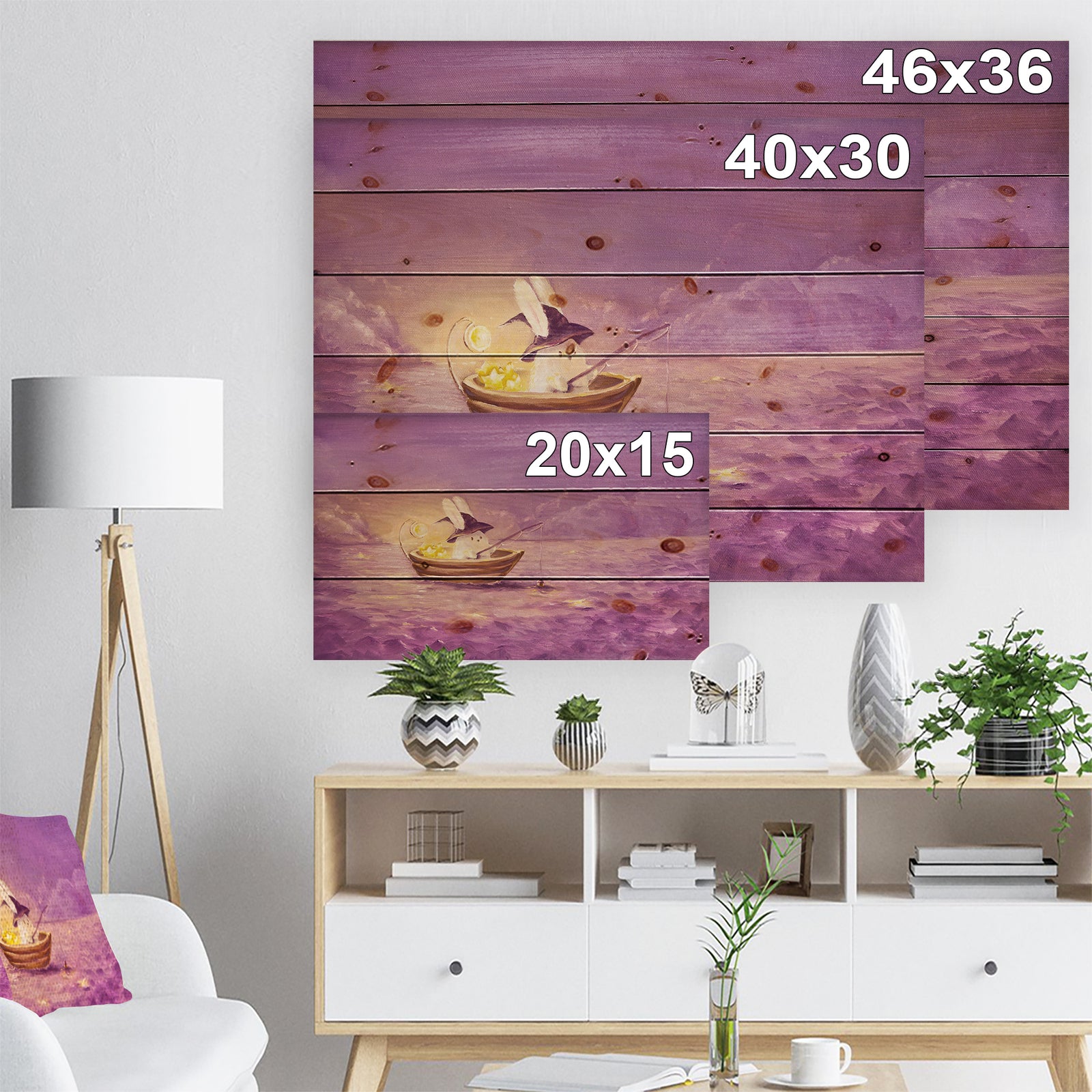 Rabbit catches stars in the sea - Sea & Shore Painting Print on Natural Pine Wood