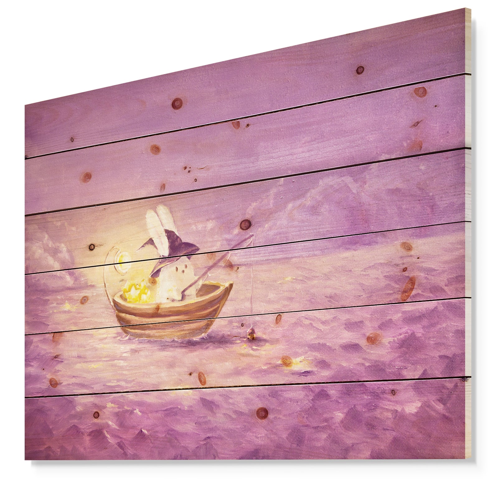 Rabbit catches stars in the sea - Sea & Shore Painting Print on Natural Pine Wood