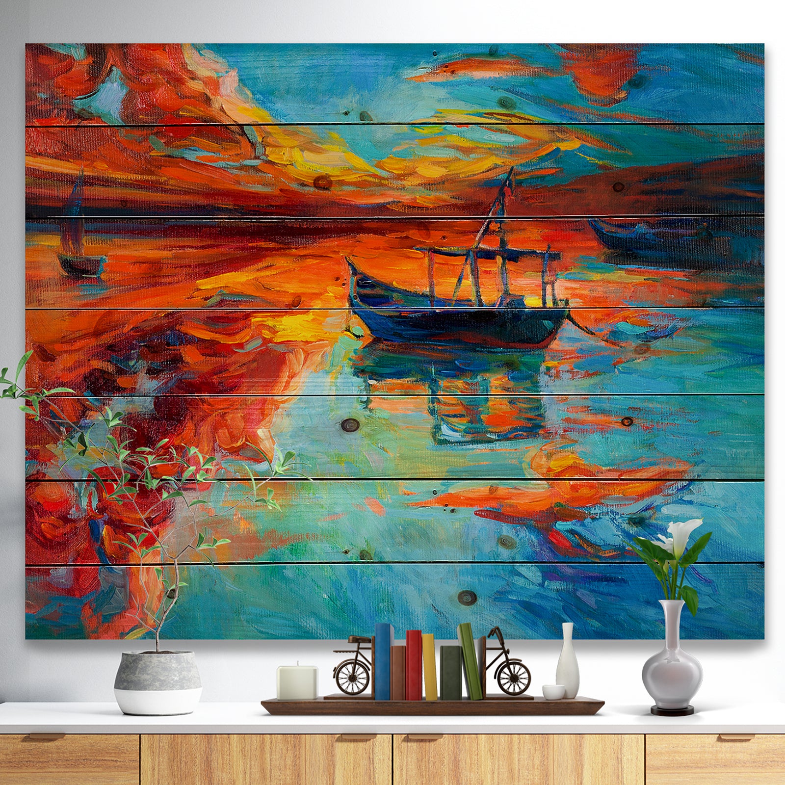 Fishing Sailing Boat at Red Sunset - Sea & Shore Painting Print on Natural Pine Wood