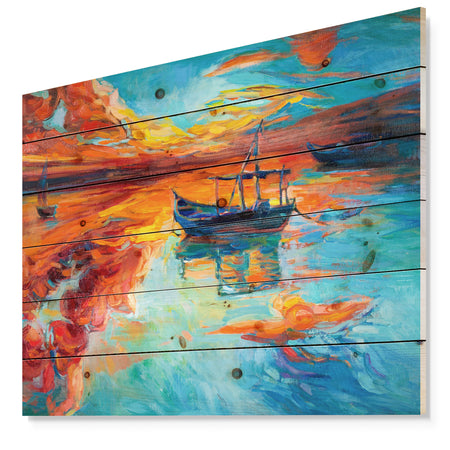 Fishing Sailing Boat at Red Sunset - Sea & Shore Painting Print on Natural Pine Wood