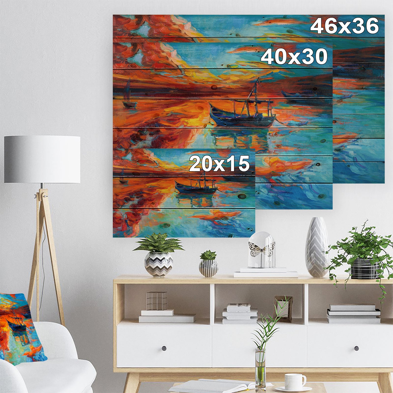 Fishing Sailing Boat at Red Sunset - Sea & Shore Painting Print on Natural Pine Wood
