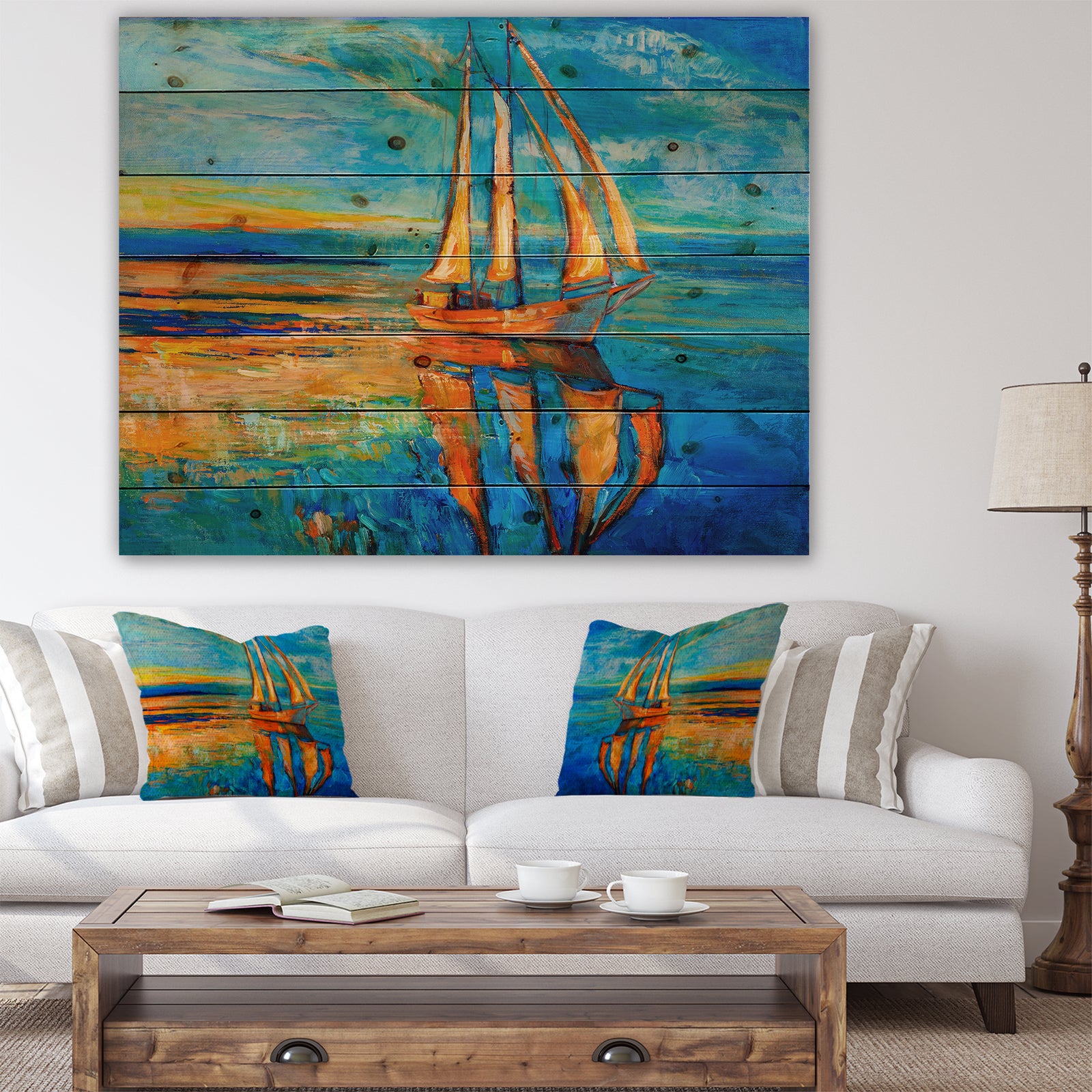 Sail Ship at Sunset in Blue Sky - Sea & Shore Painting Print on Natural Pine Wood