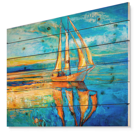 Sail Ship at Sunset in Blue Sky - Sea & Shore Painting Print on Natural Pine Wood