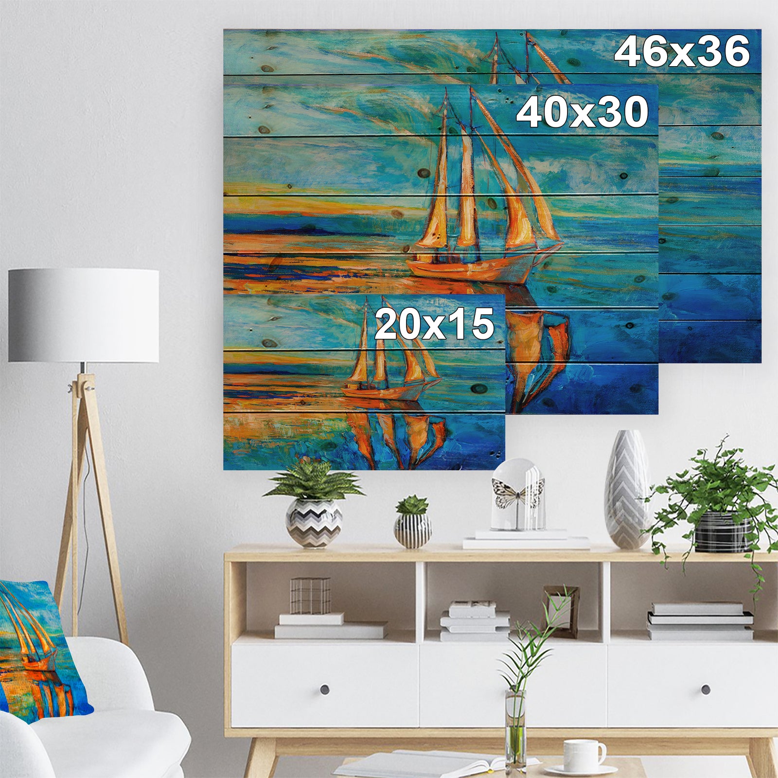 Sail Ship at Sunset in Blue Sky - Sea & Shore Painting Print on Natural Pine Wood