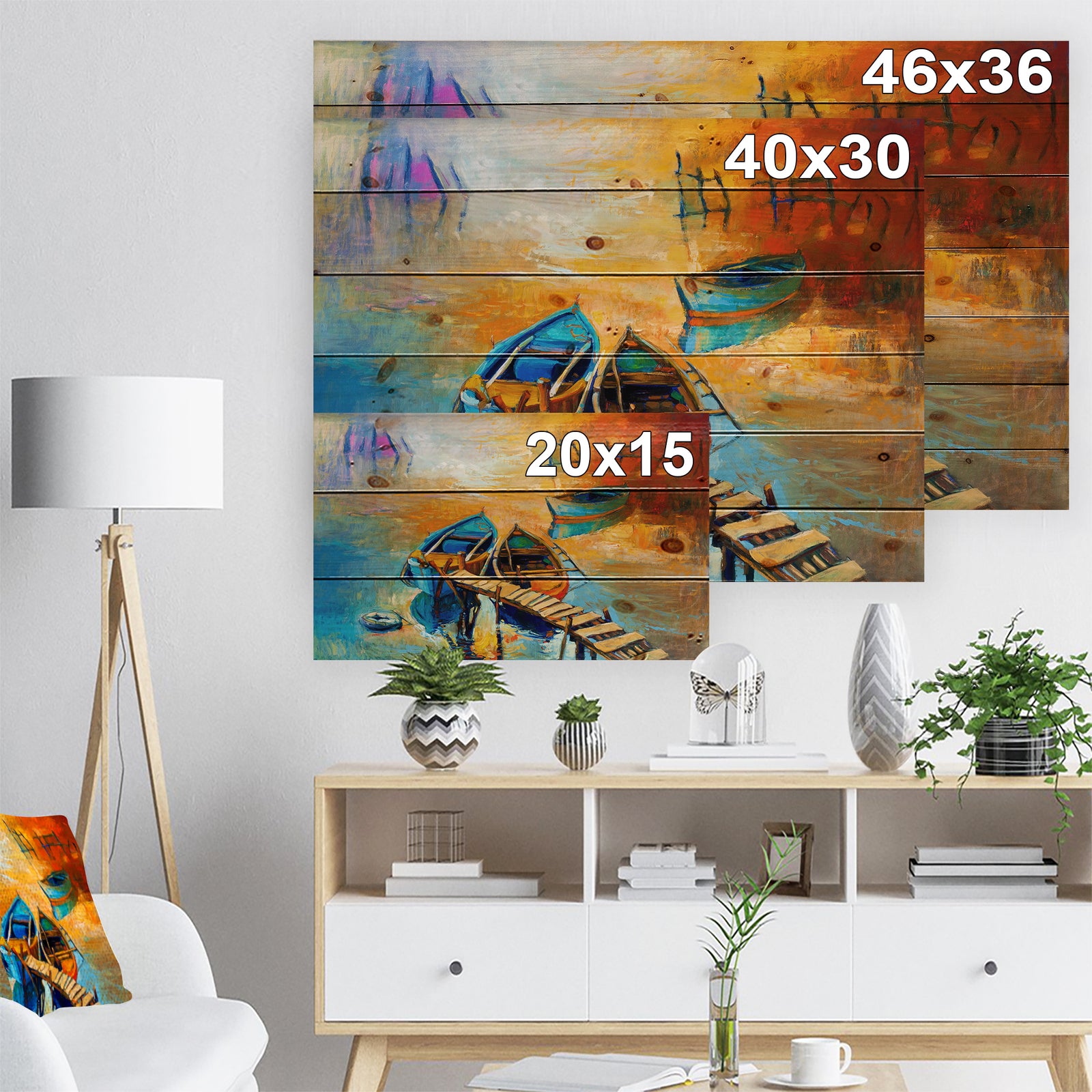 Two Boats in Pier at Golden Sunset - Sea & Shore Painting Print on Natural Pine Wood