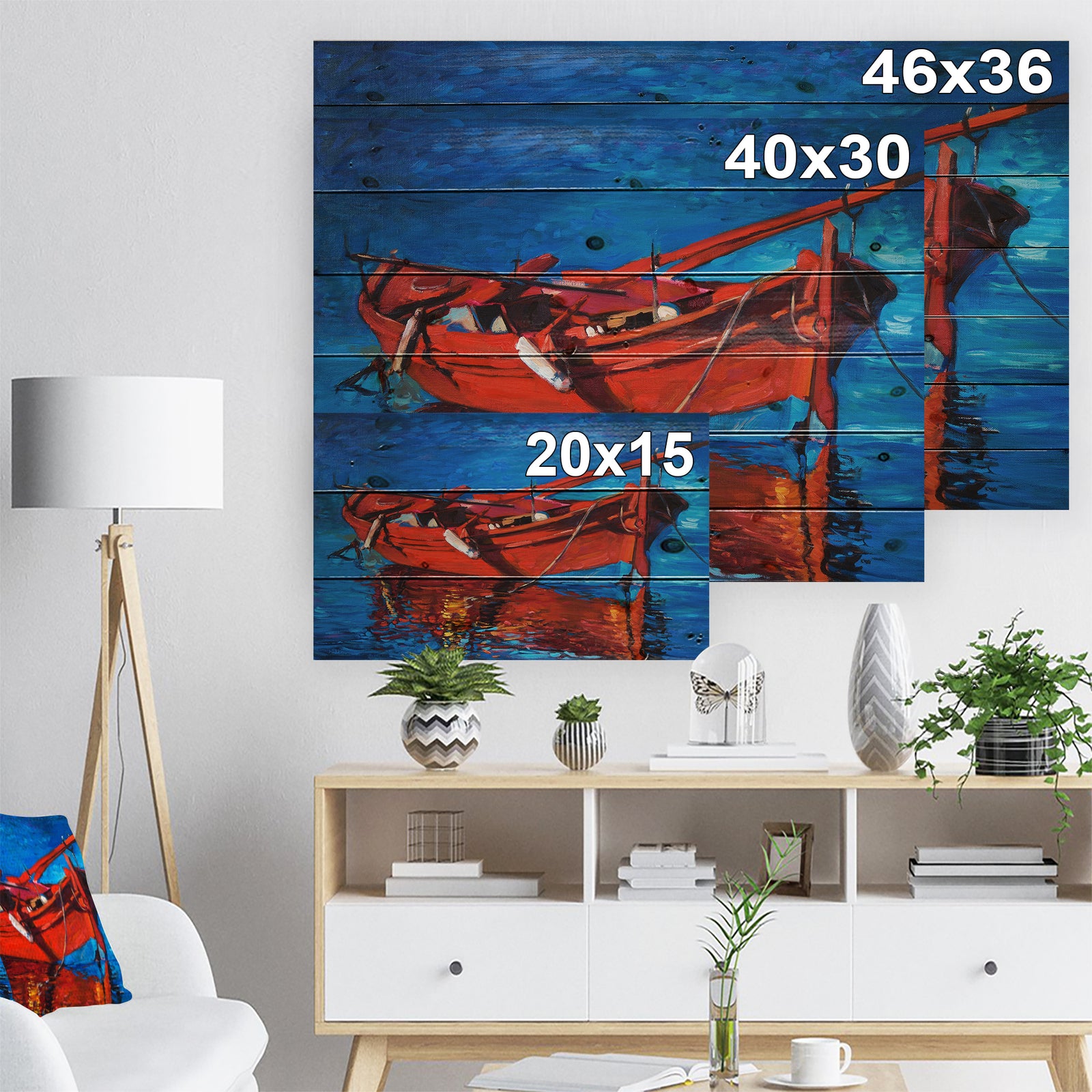 Red Boat over the ocean - Sea & Shore Painting Print on Natural Pine Wood