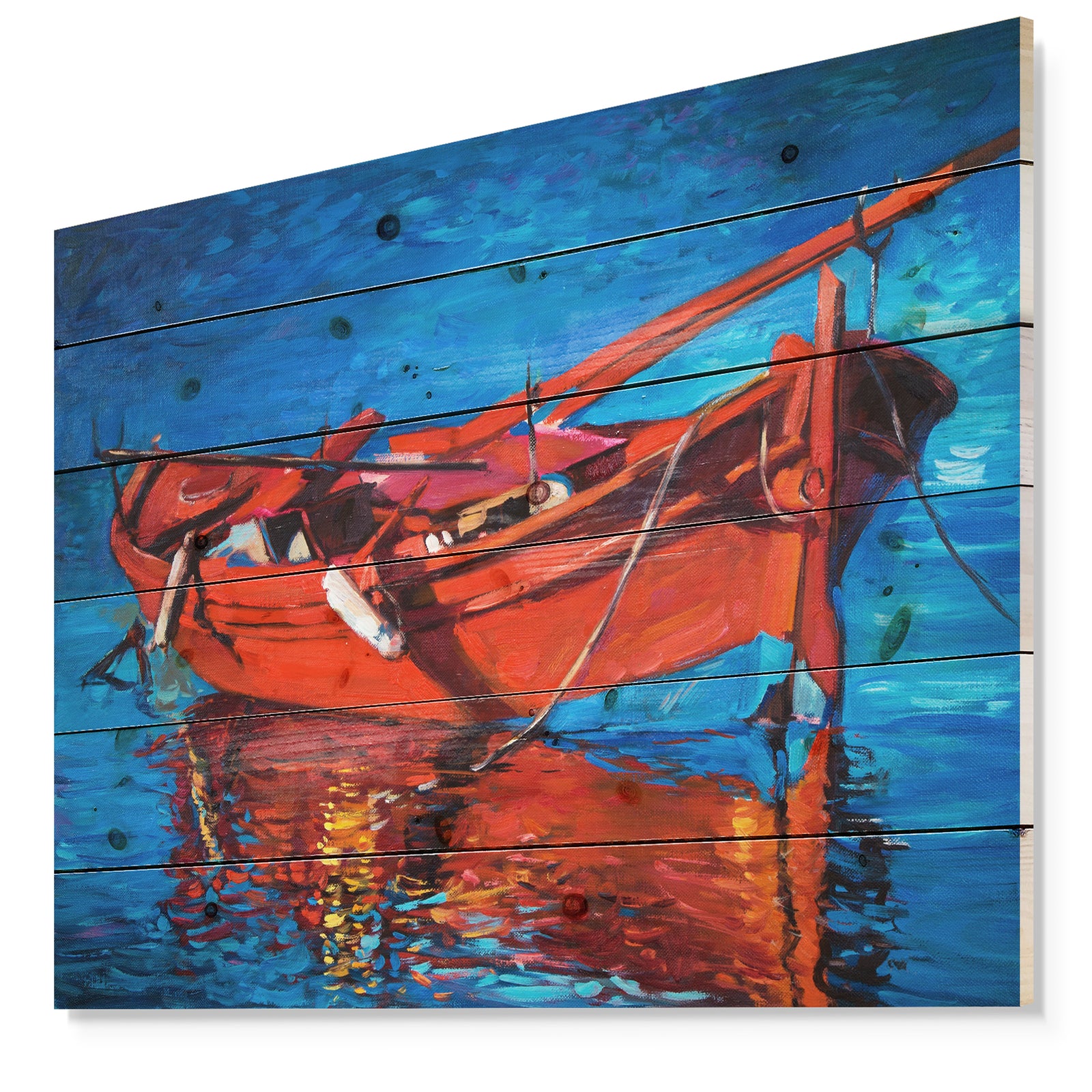 Red Boat over the ocean - Sea & Shore Painting Print on Natural Pine Wood