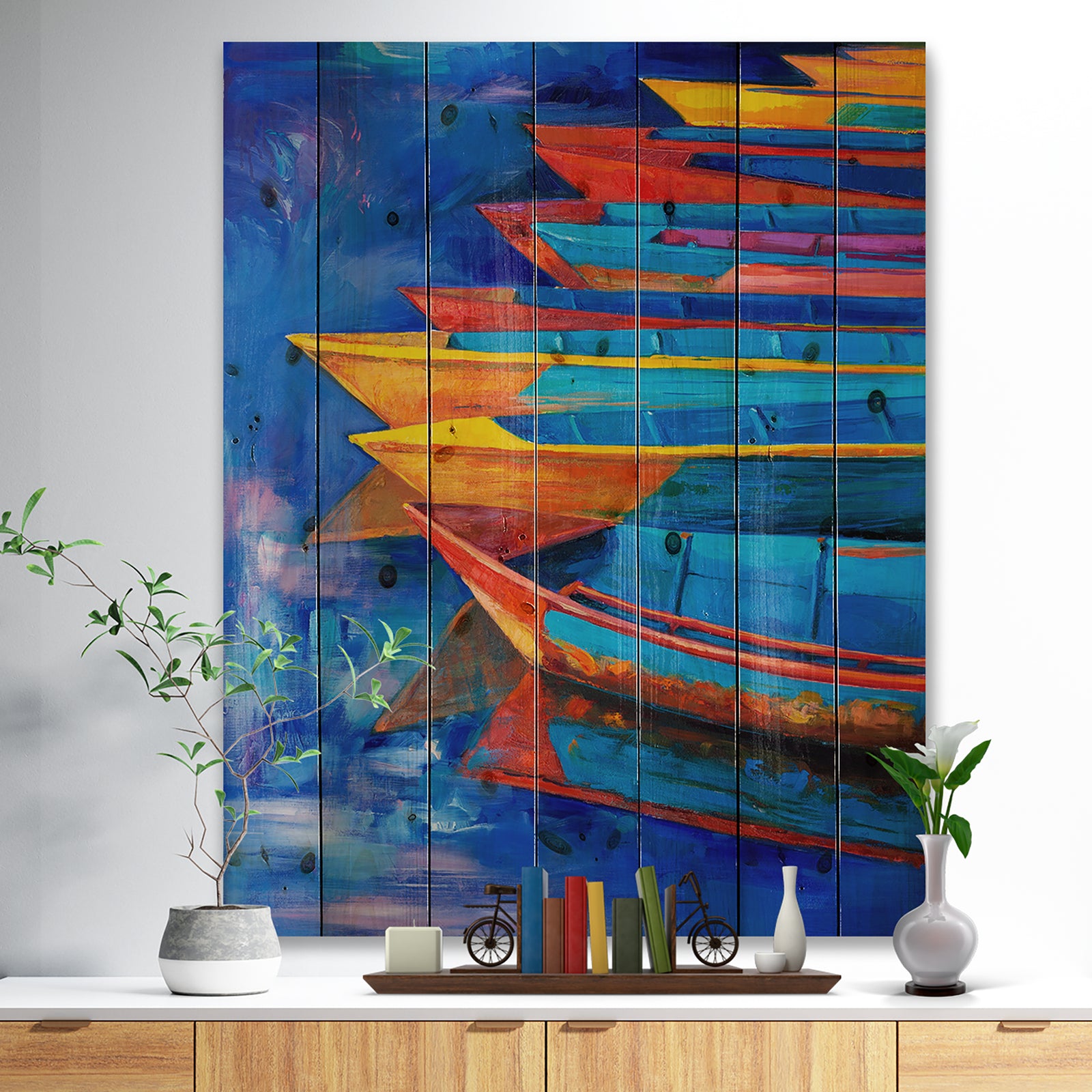 Boats and Jetty at Pier in Oil Painting - Sea & Shore Painting Print on Natural Pine Wood