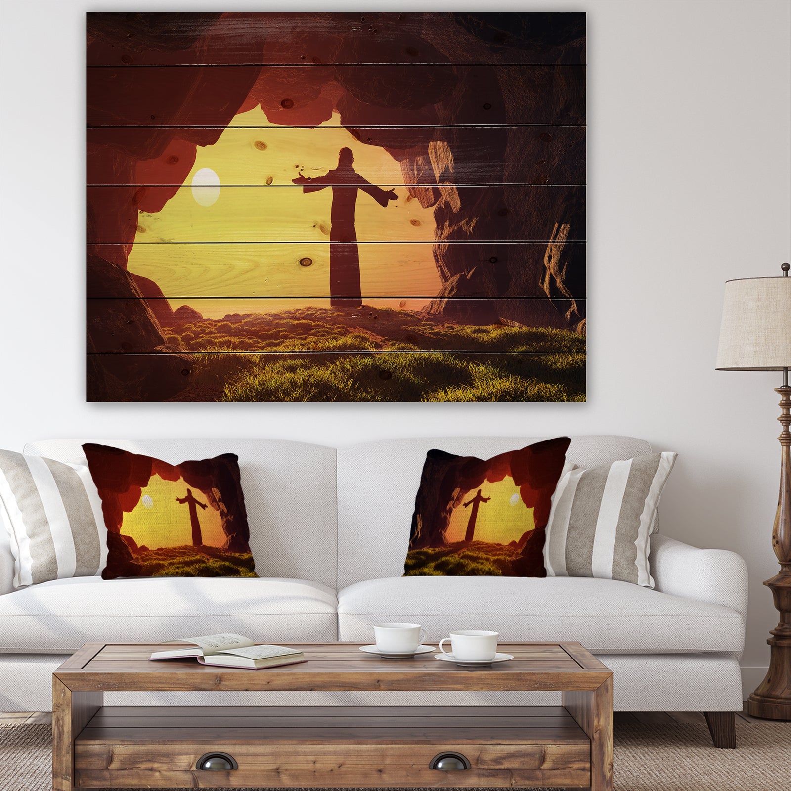 Man Praying in Cave Under Sunset - Religious Contemporary Print on Natural Pine Wood