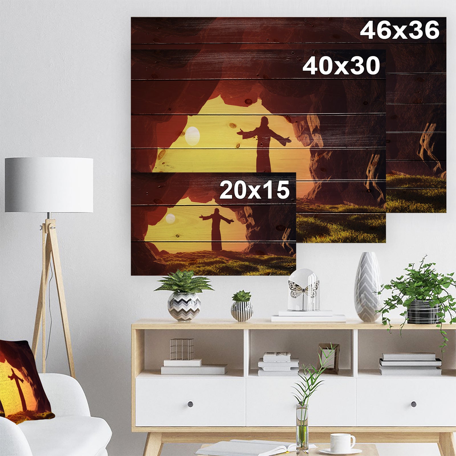Man Praying in Cave Under Sunset - Religious Contemporary Print on Natural Pine Wood