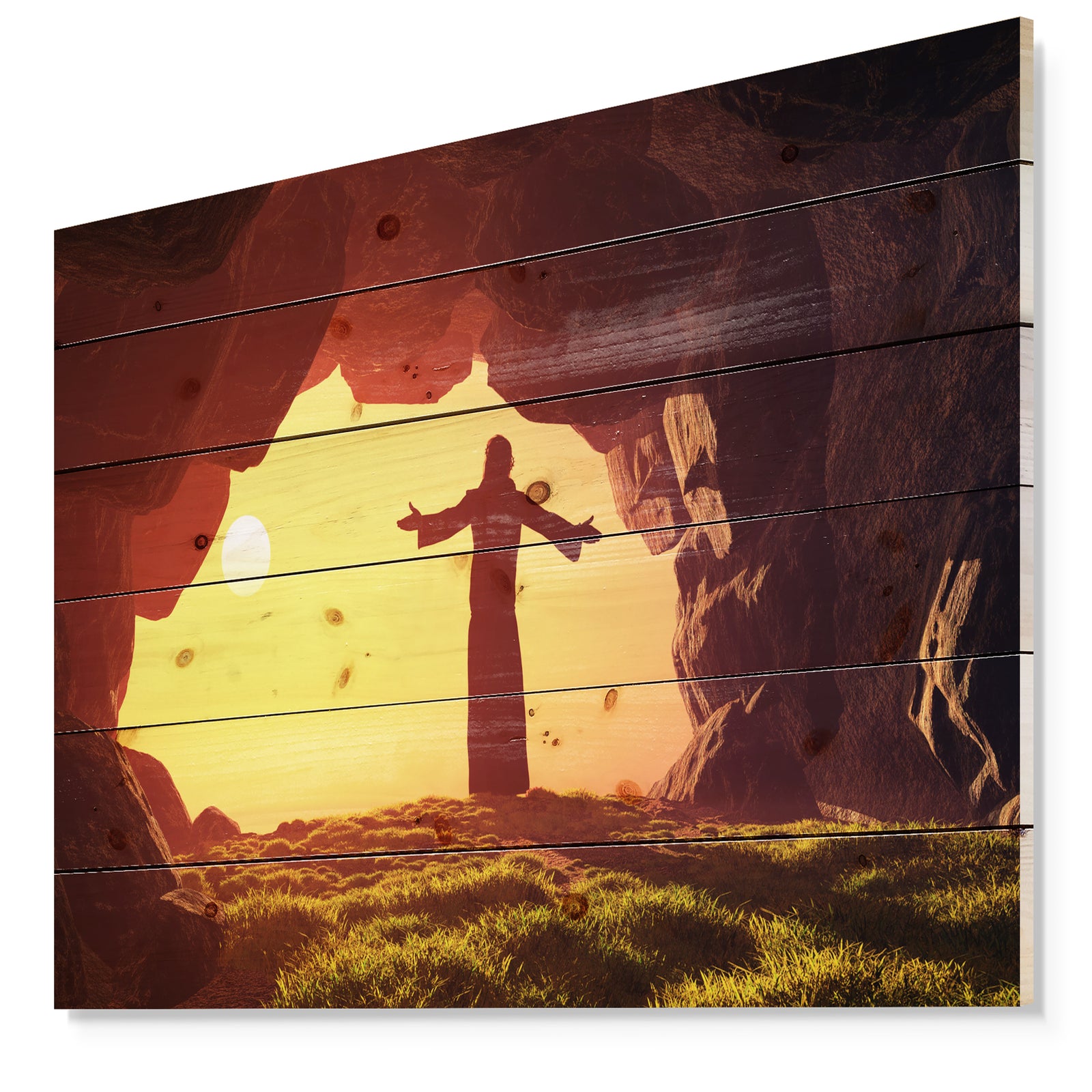 Man Praying in Cave Under Sunset - Religious Contemporary Print on Natural Pine Wood