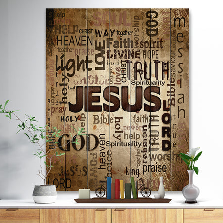 Jesus - word cloud in grunge background - Religious Contemporary Print on Natural Pine Wood