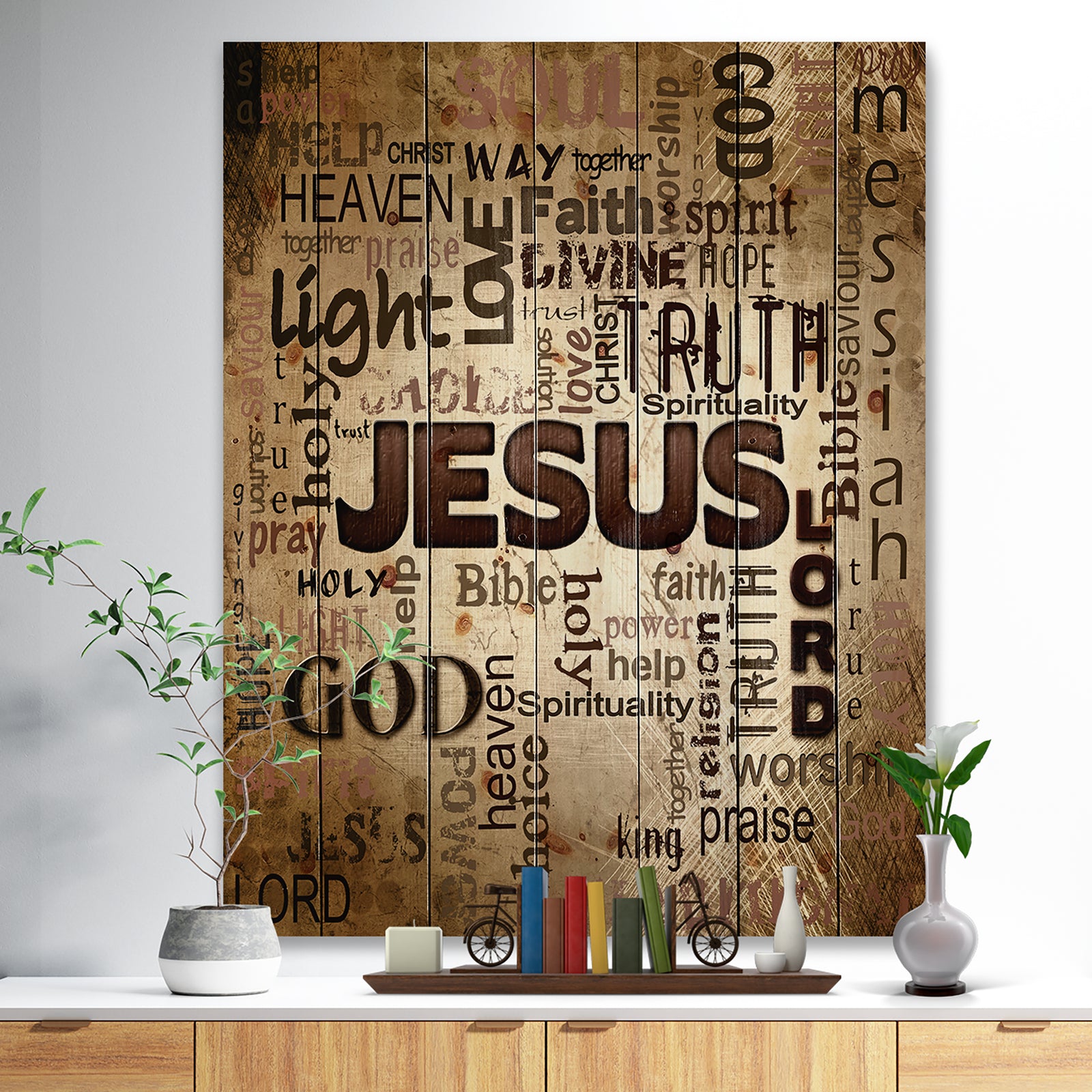 Jesus - word cloud in grunge background - Religious Contemporary Print on Natural Pine Wood