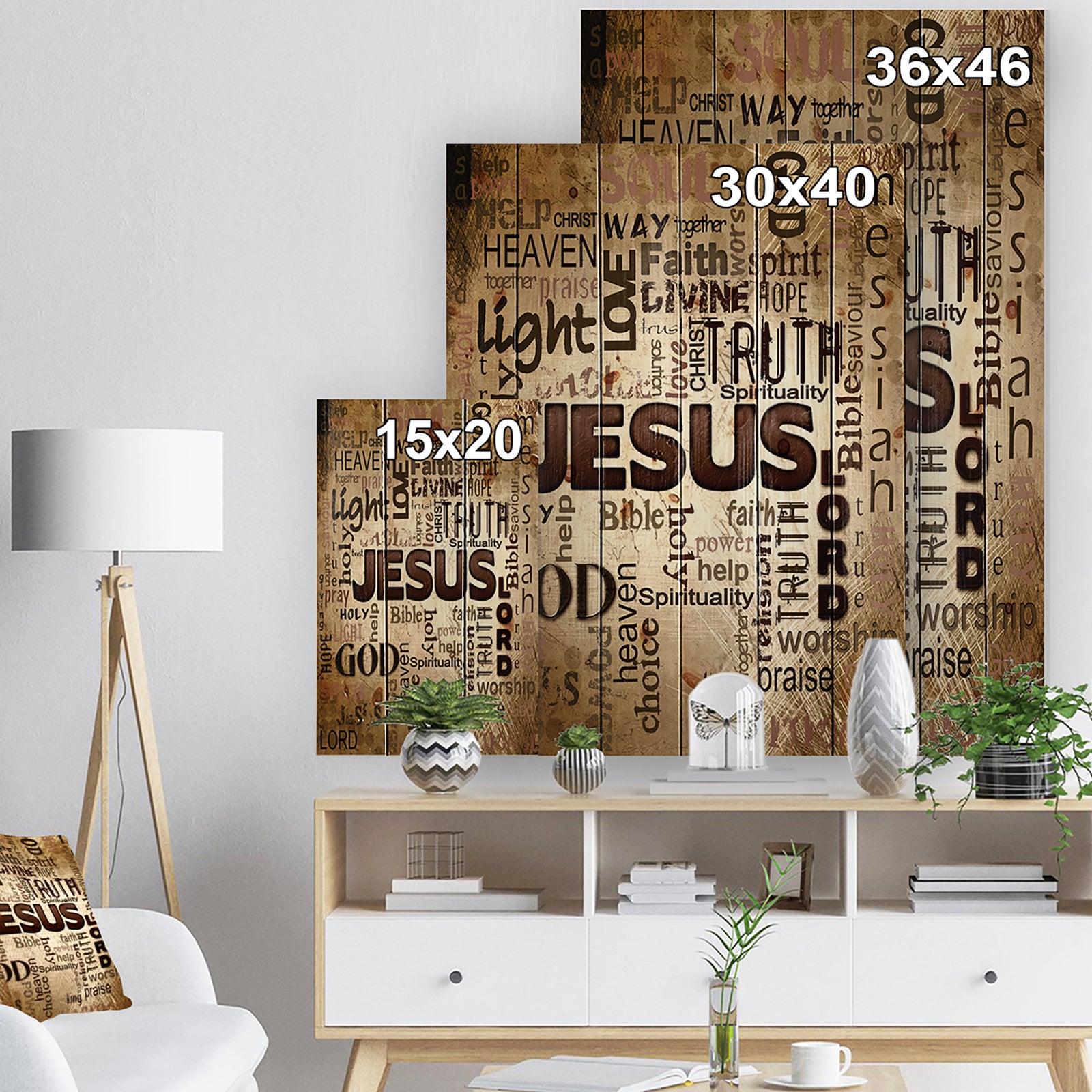 Jesus - word cloud in grunge background - Religious Contemporary Print on Natural Pine Wood
