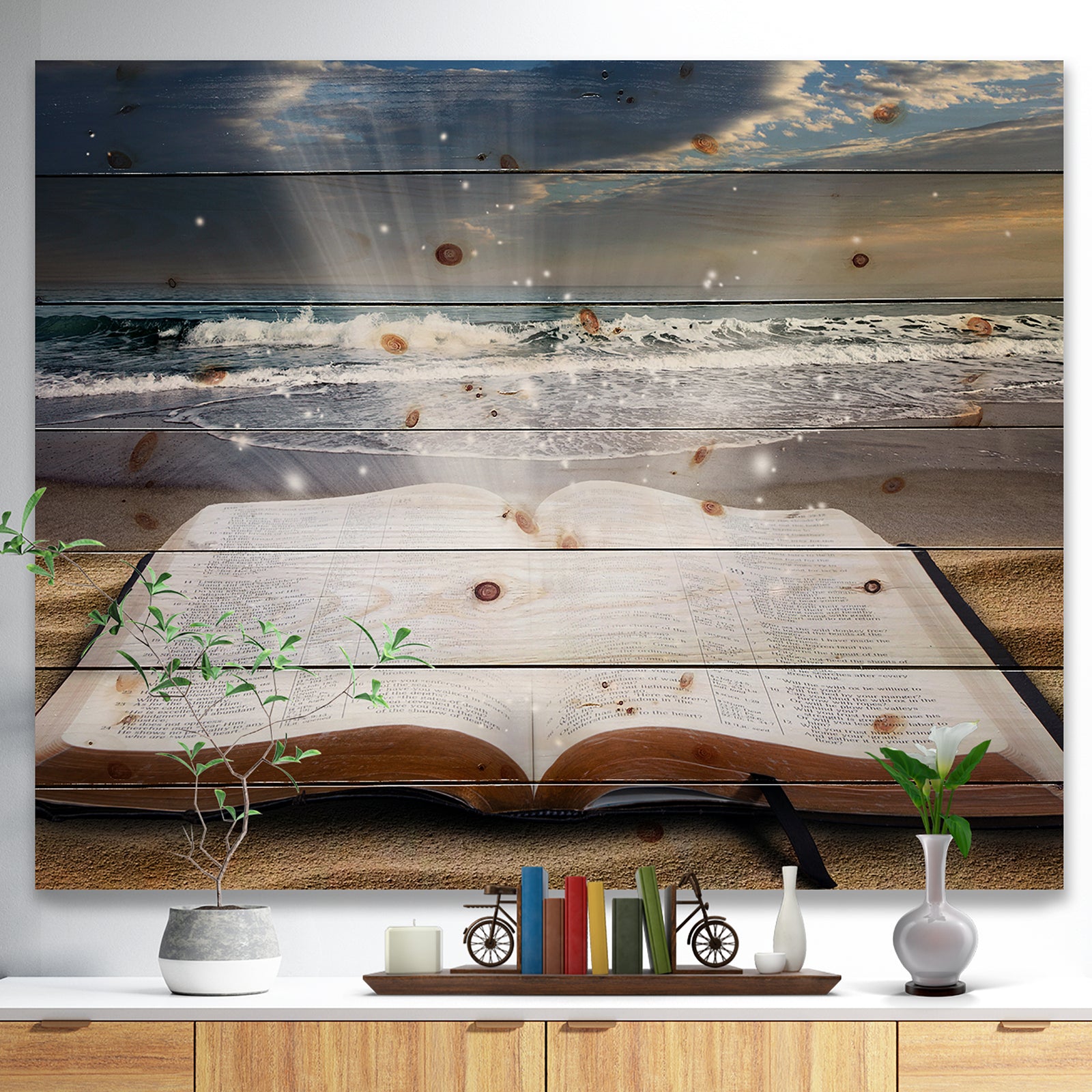 Jesus Bible at beach - Religious Art Print on Natural Pine Wood