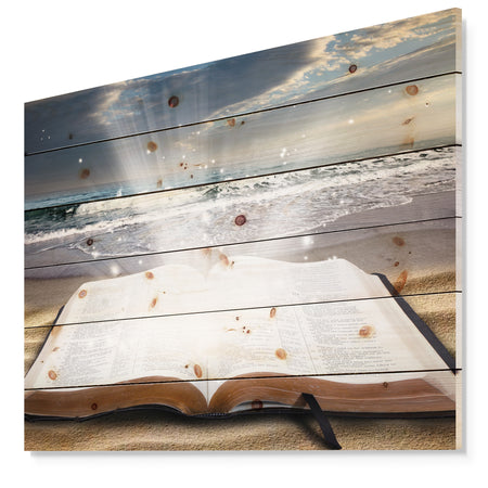 Jesus Bible at beach - Religious Art Print on Natural Pine Wood