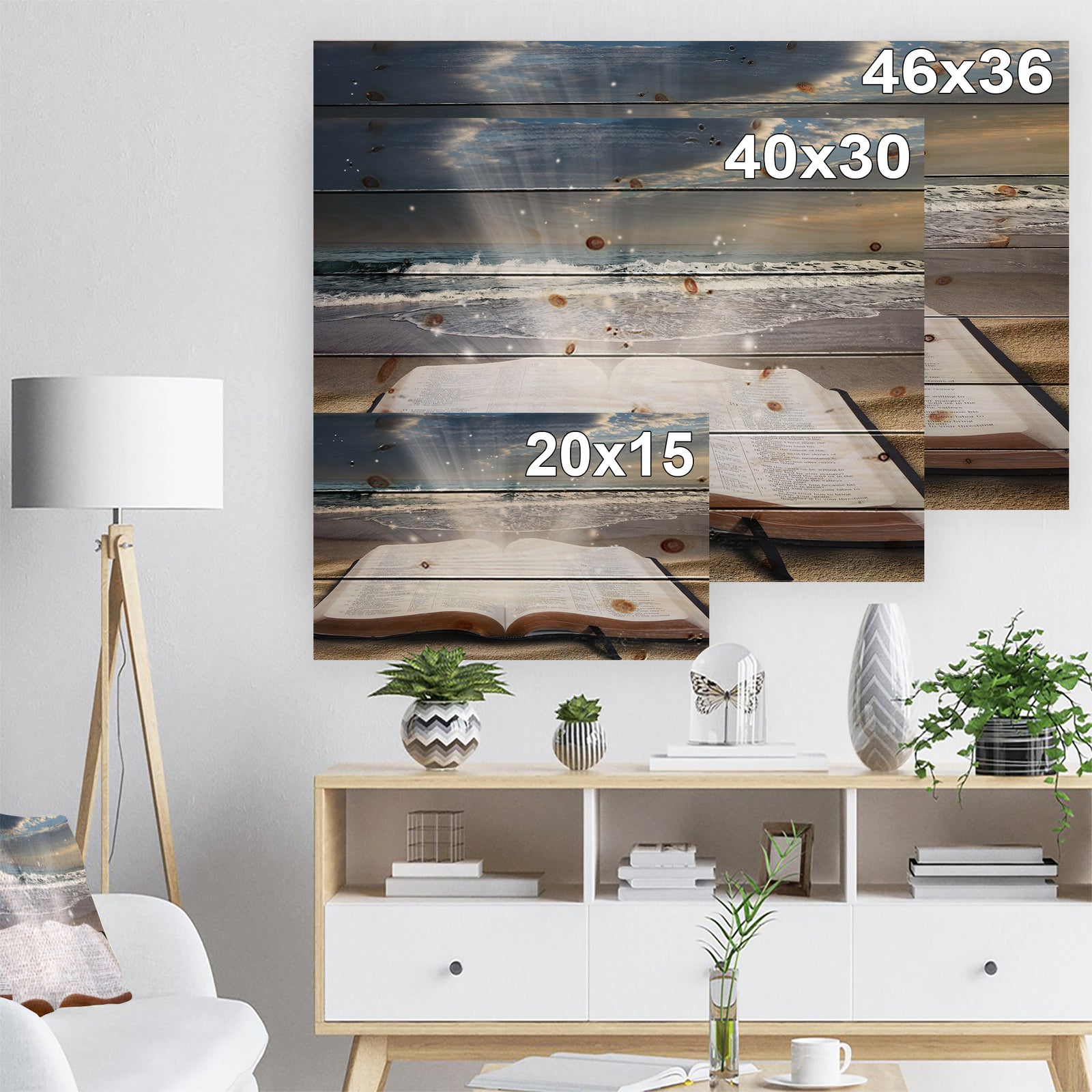 Jesus Bible at beach - Religious Art Print on Natural Pine Wood
