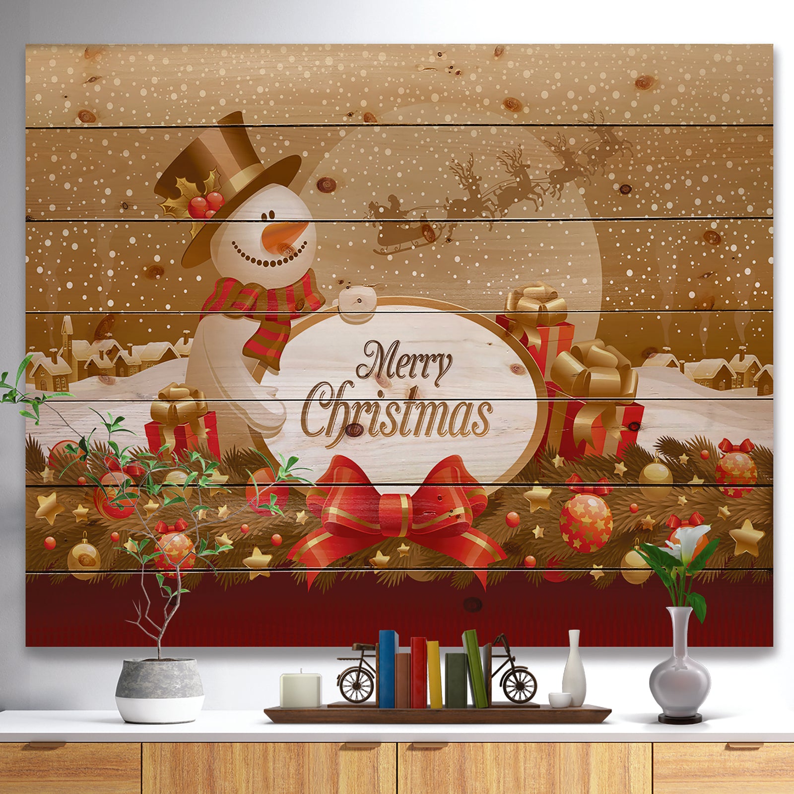 Christmas Sowman on Gold with Flying Reindeer - Print on Natural Pine Wood
