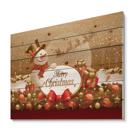 Christmas Sowman on Gold with Flying Reindeer - Print on Natural Pine Wood
