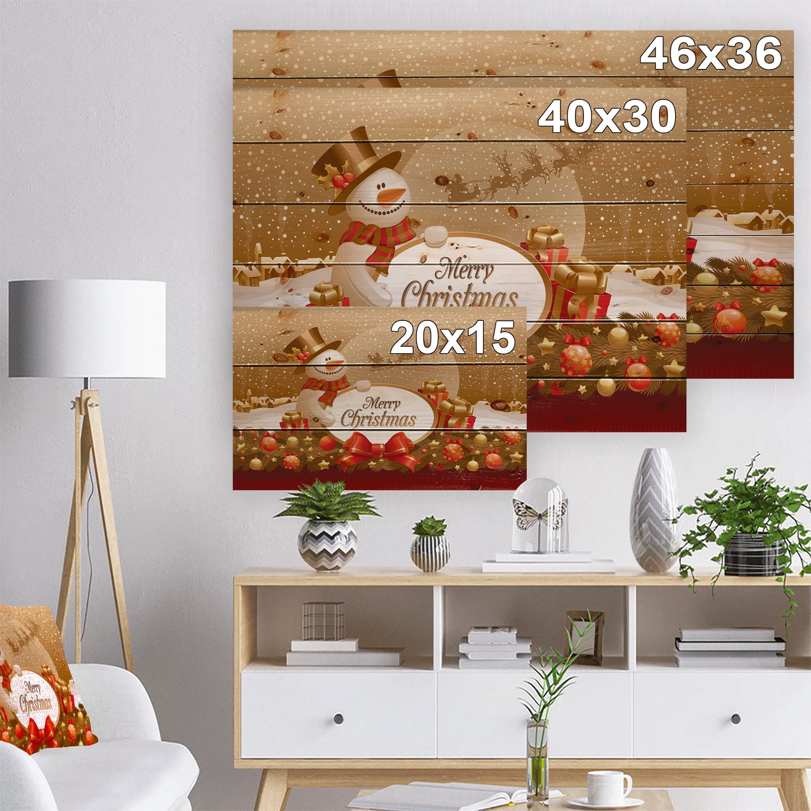 Christmas Sowman on Gold with Flying Reindeer - Print on Natural Pine Wood