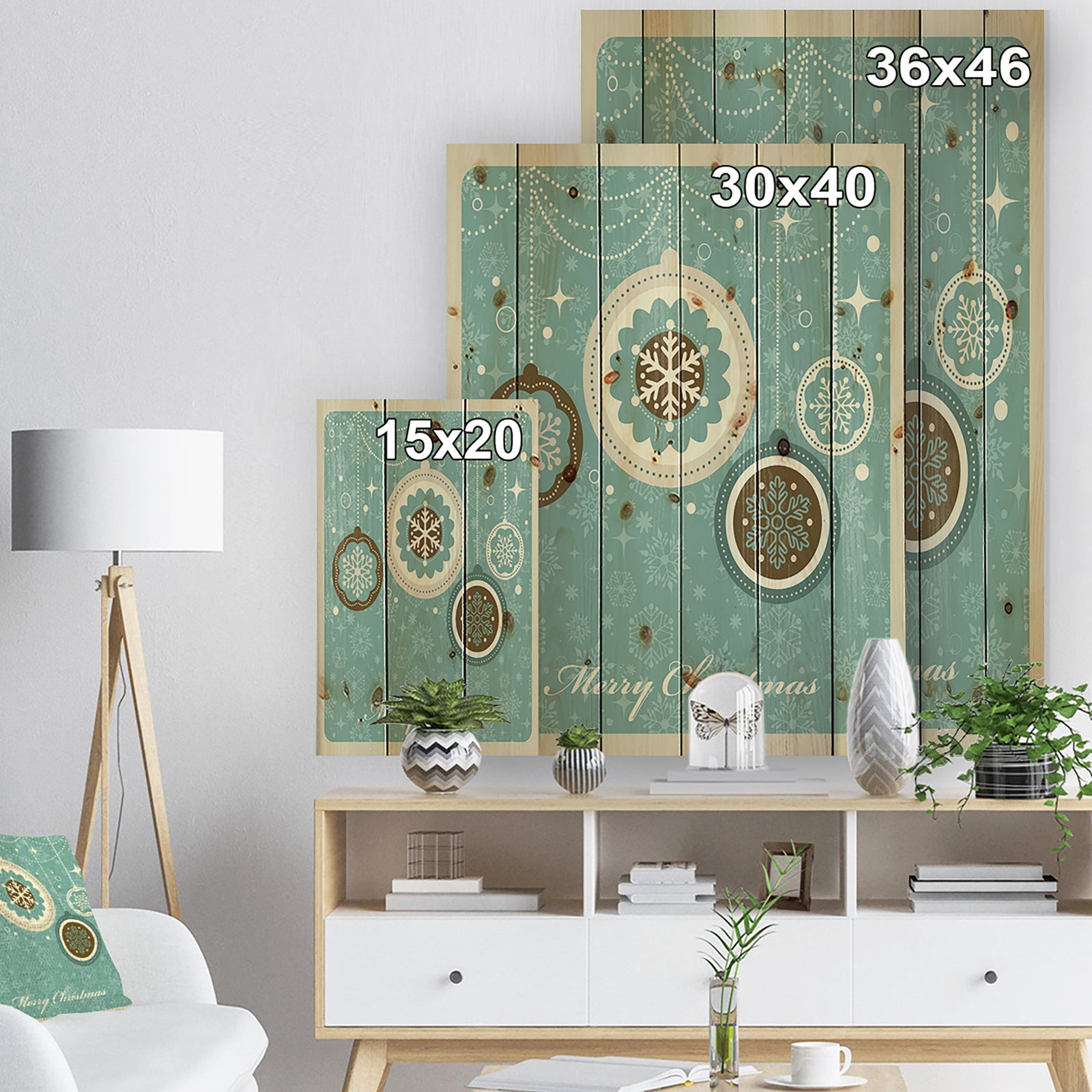 Merrry Christmas Snow Crystal Christmas Tree Ball - Print on Natural Pine Wood