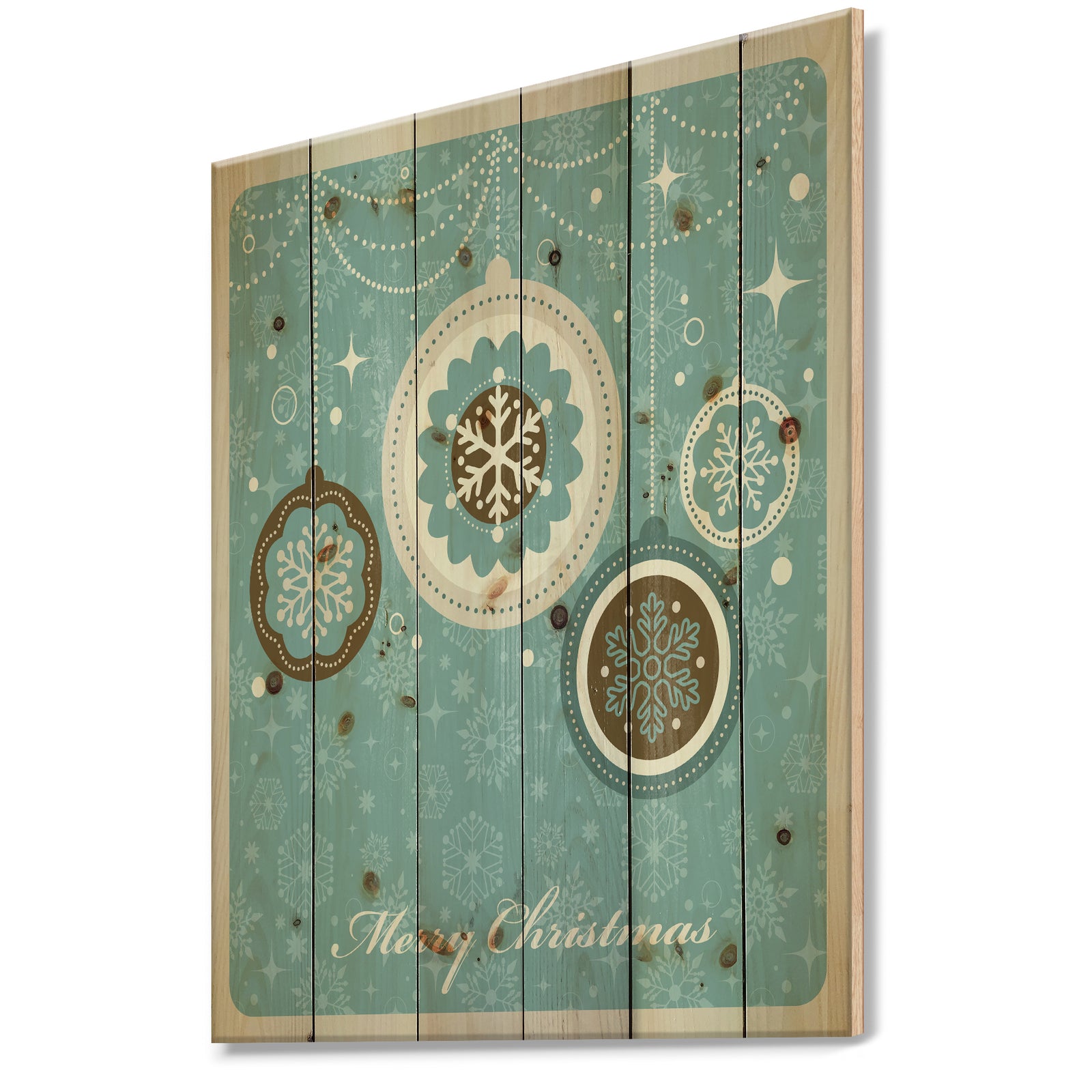 Merrry Christmas Snow Crystal Christmas Tree Ball - Print on Natural Pine Wood