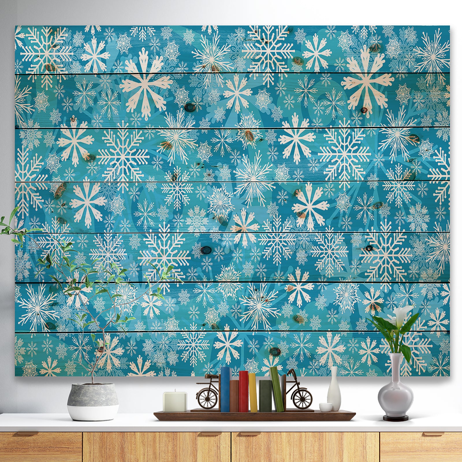 Light Blue Snow Crystal Pattern - Print on Natural Pine Wood
