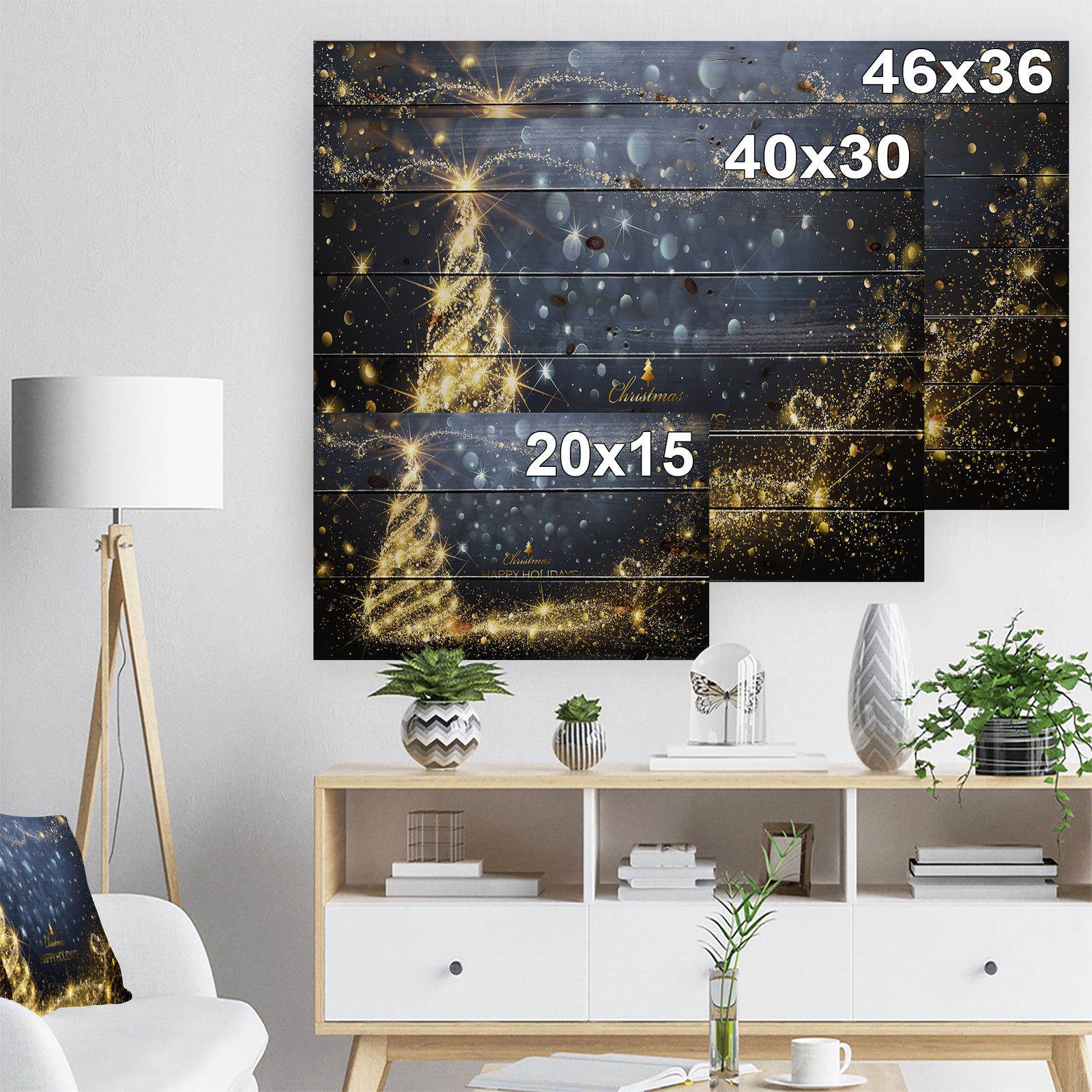 Sparkling Shining Light Christmas Tree - Print on Natural Pine Wood