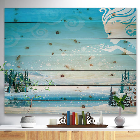 Christmas Fairy Blowing Snow Flakes on Winter Scene - Print on Natural Pine Wood