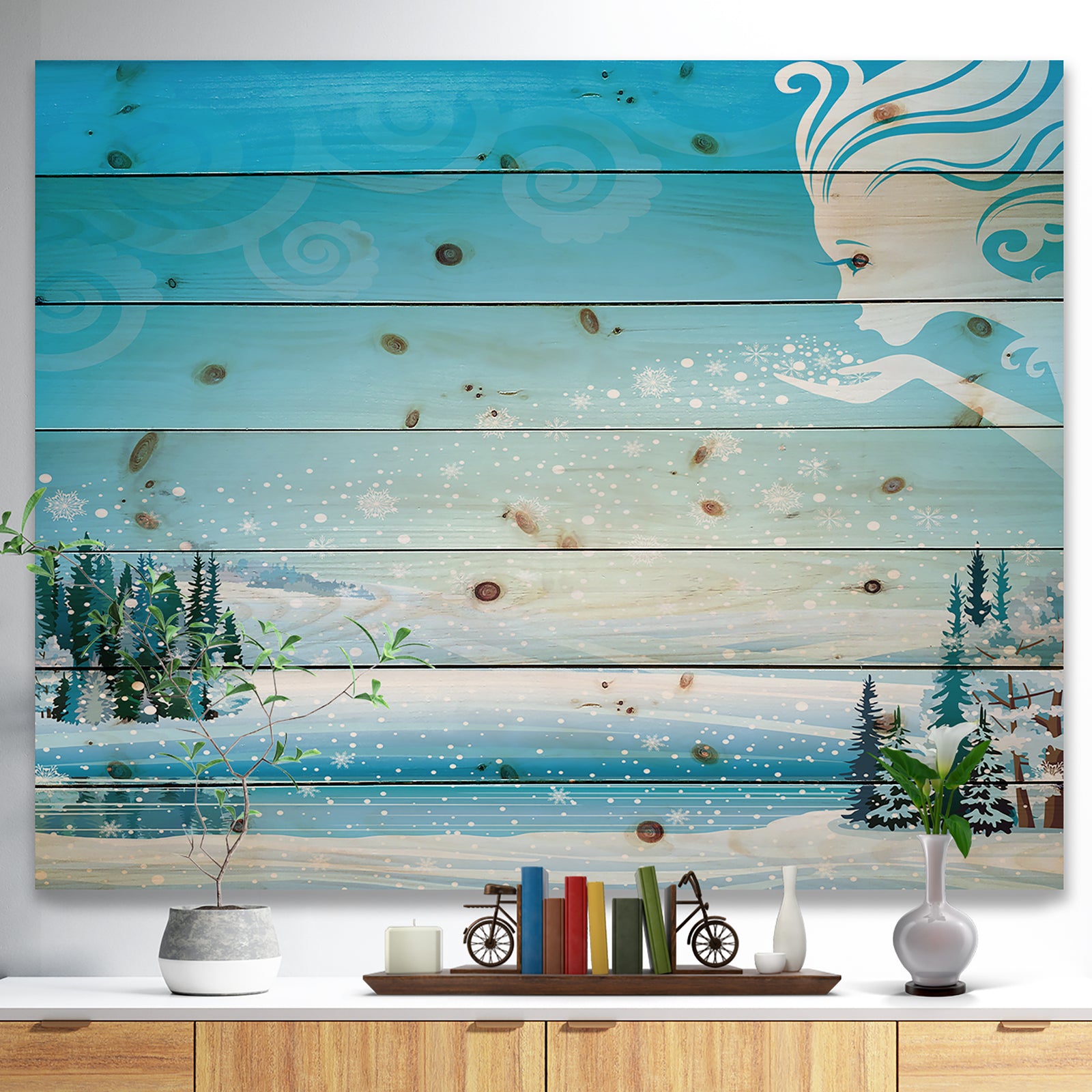 Christmas Fairy Blowing Snow Flakes on Winter Scene - Print on Natural Pine Wood