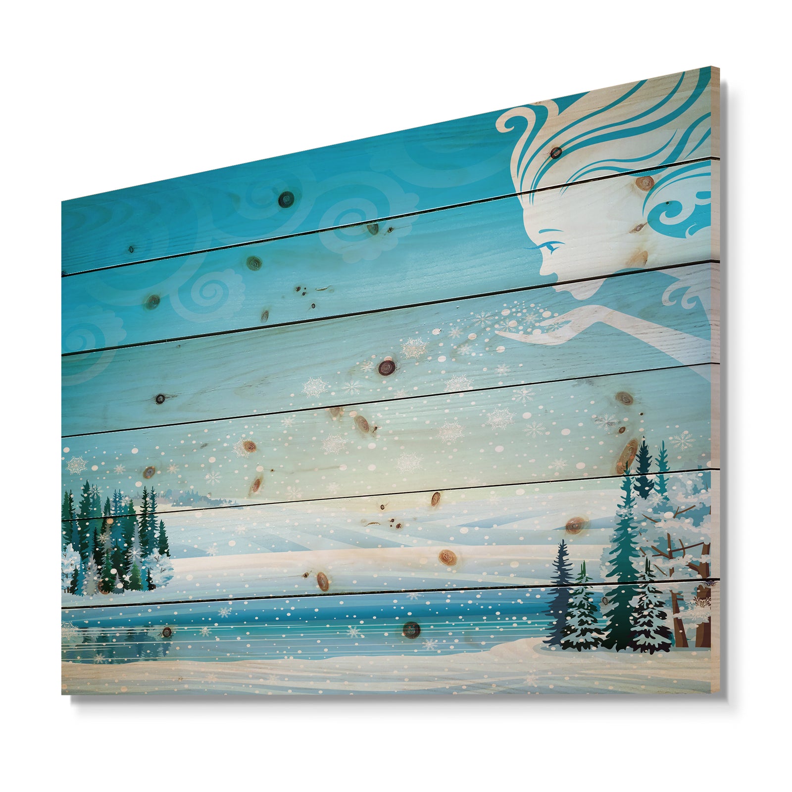 Christmas Fairy Blowing Snow Flakes on Winter Scene - Print on Natural Pine Wood