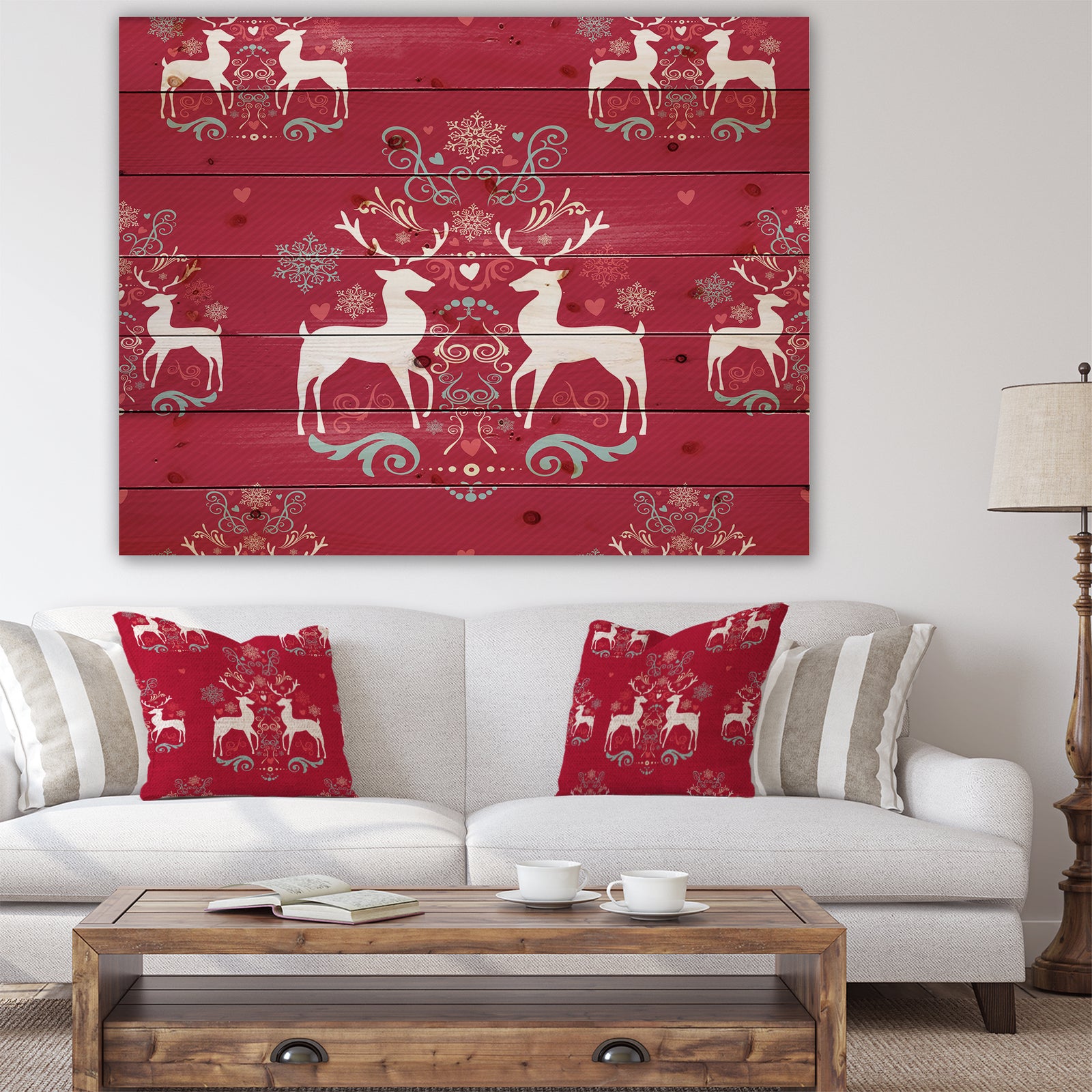 Lovely Reindeer Christmas Pattern with Crystal Flakes - Print on Natural Pine Wood