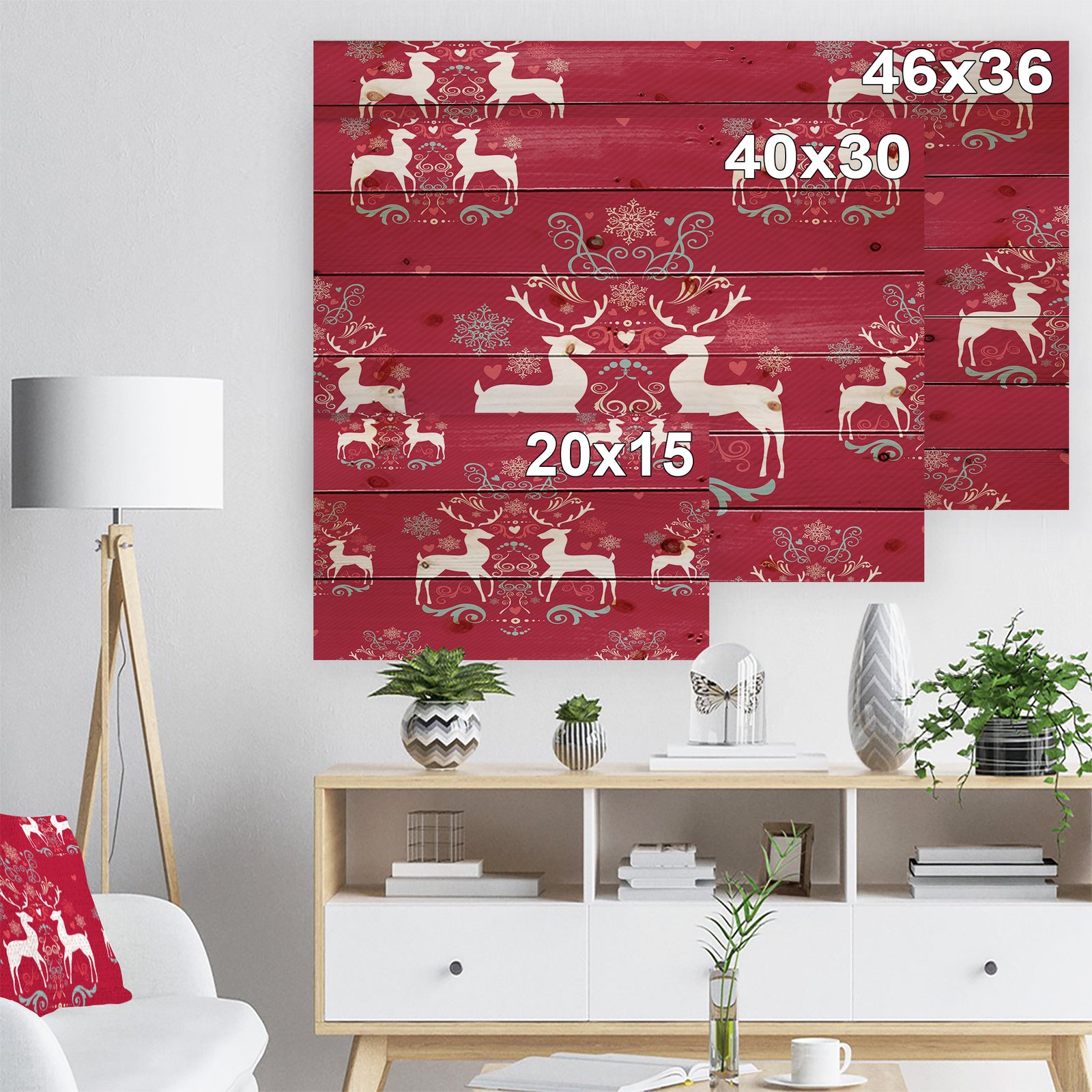Lovely Reindeer Christmas Pattern with Crystal Flakes - Print on Natural Pine Wood