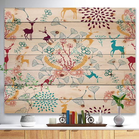 Yellow Blue Brown Reindeer christmas pattern - Print on Natural Pine Wood