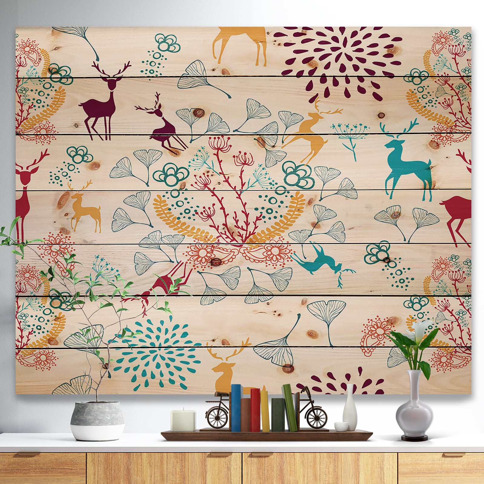 Yellow Blue Brown Reindeer christmas pattern - Print on Natural Pine Wood