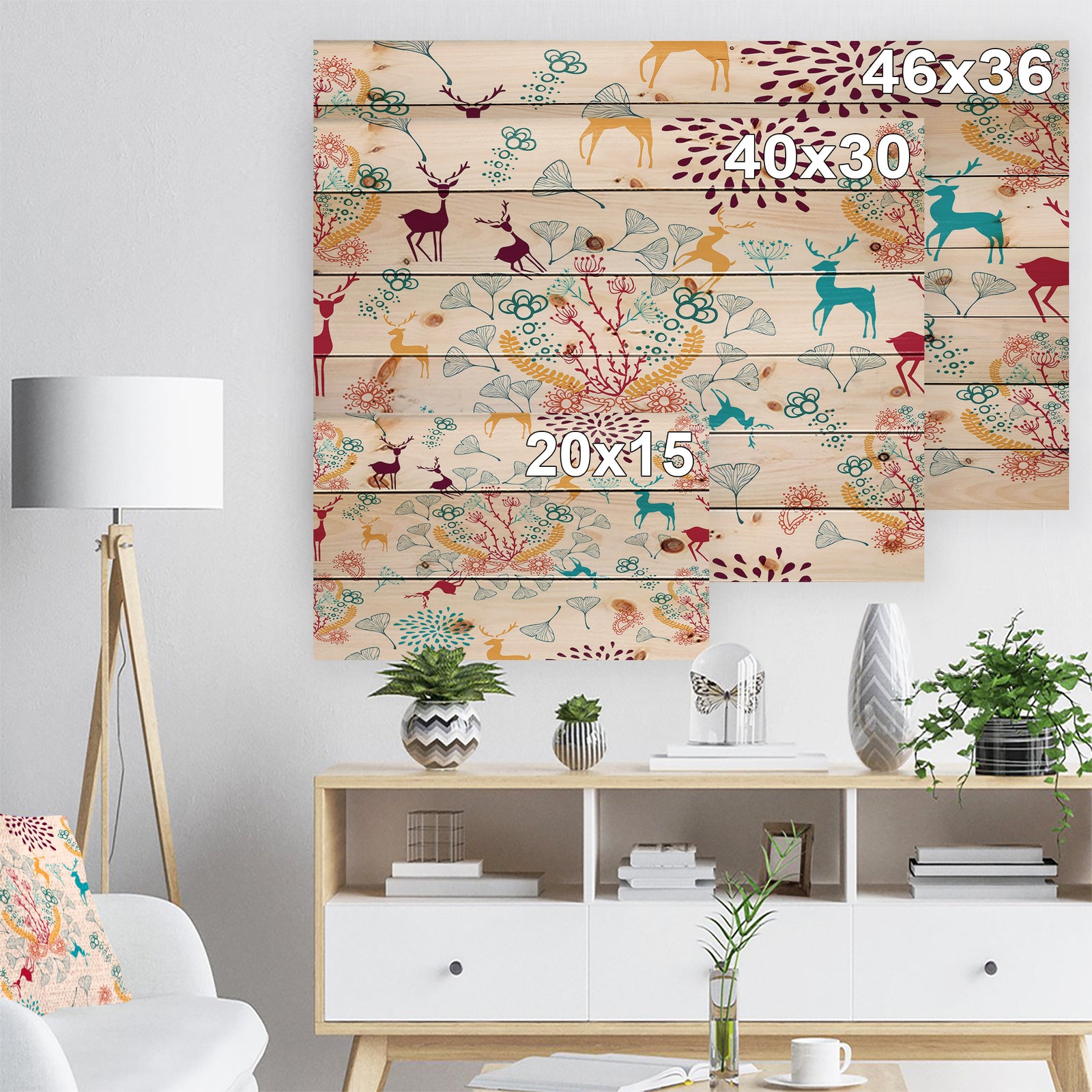 Yellow Blue Brown Reindeer christmas pattern - Print on Natural Pine Wood