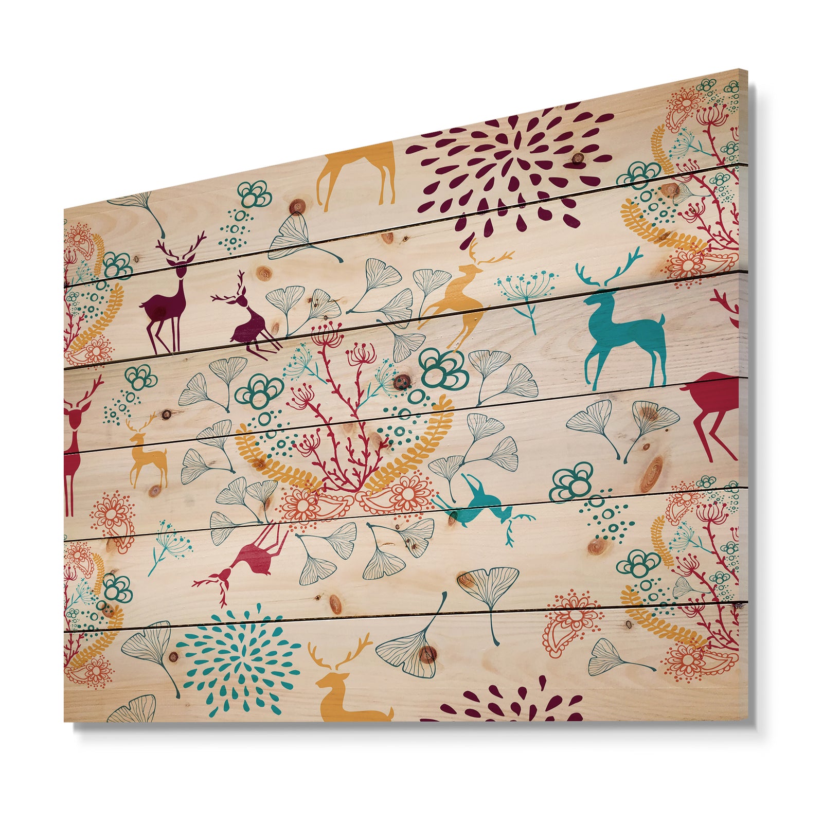 Yellow Blue Brown Reindeer christmas pattern - Print on Natural Pine Wood