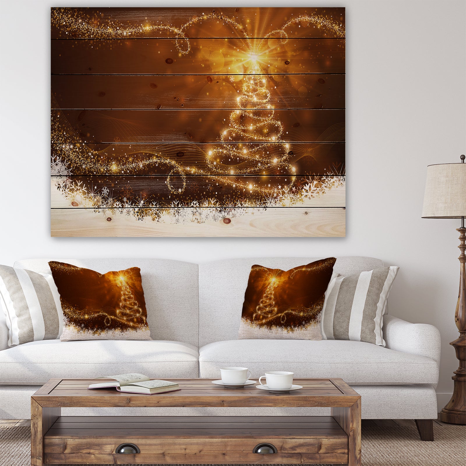 Golden Christal Tree Star on White Snow Flakes - Print on Natural Pine Wood