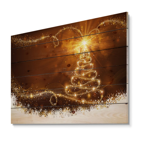 Golden Christal Tree Star on White Snow Flakes - Print on Natural Pine Wood