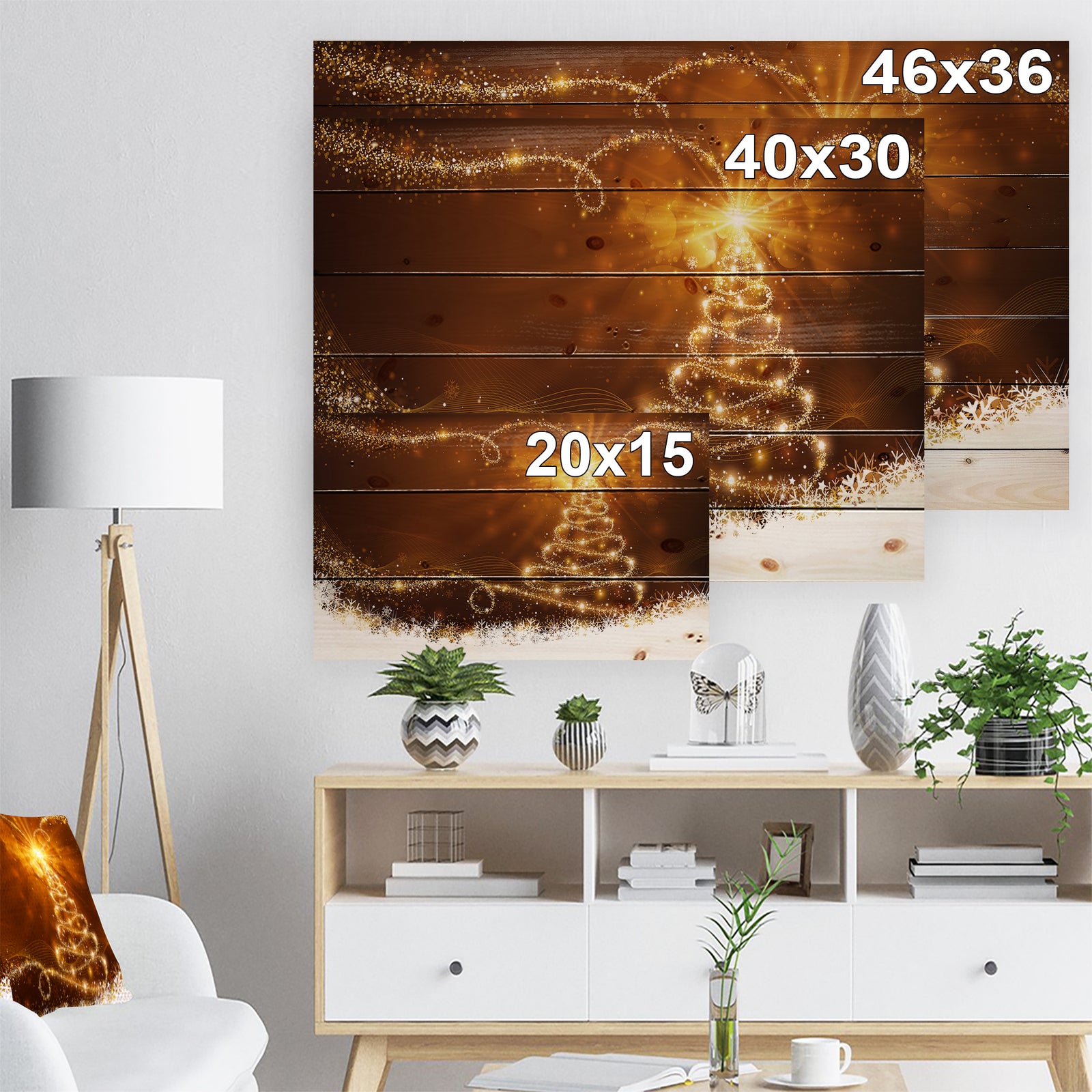 Golden Christal Tree Star on White Snow Flakes - Print on Natural Pine Wood