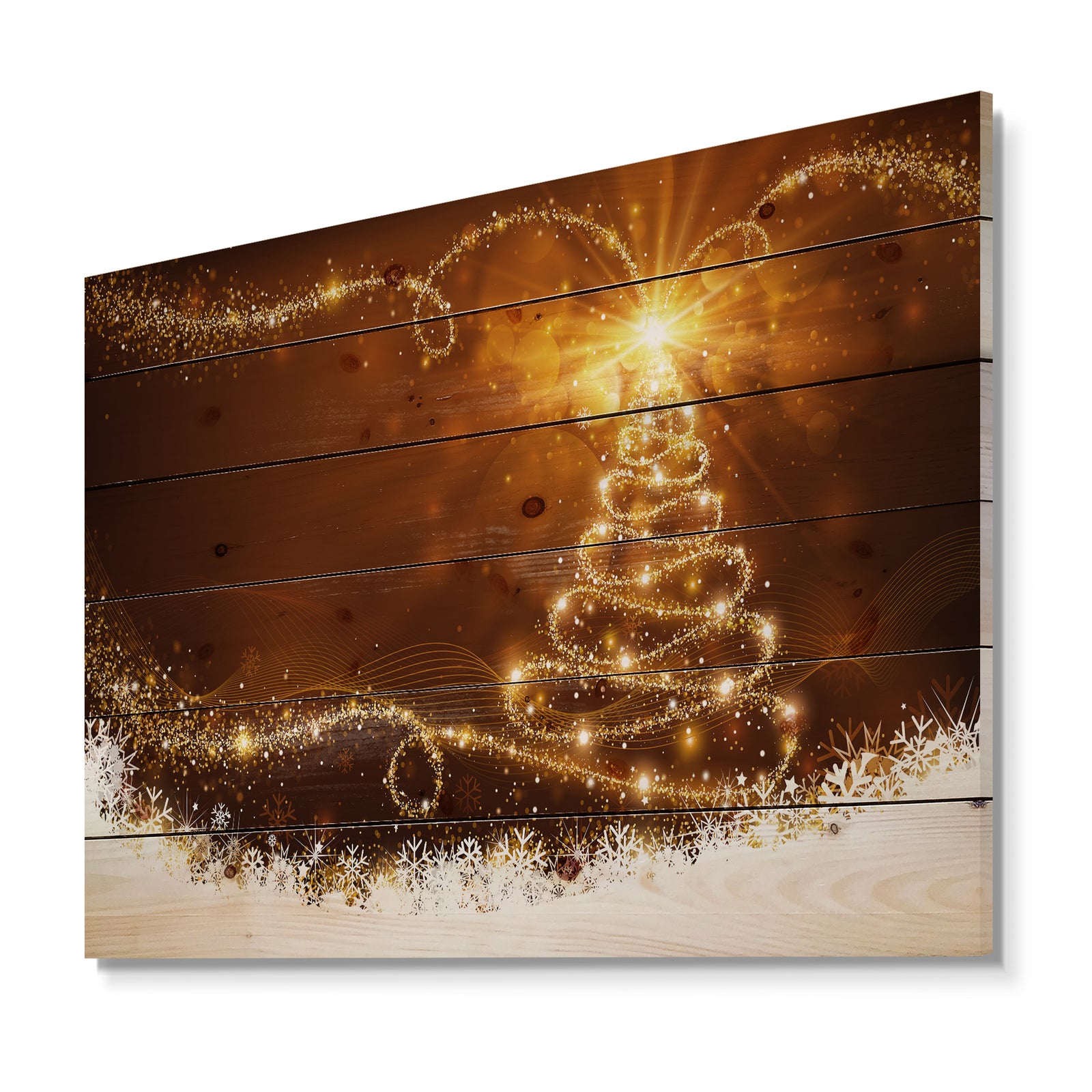 Golden Christal Tree Star on White Snow Flakes - Print on Natural Pine Wood