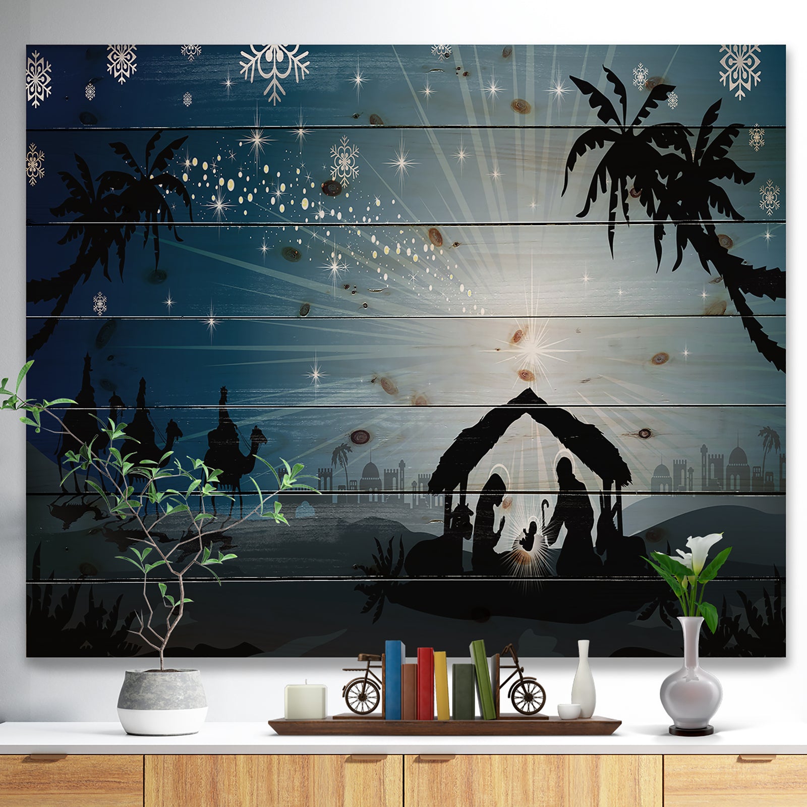 Christmas Nativity Scene with Three Wise Men - Print on Natural Pine Wood
