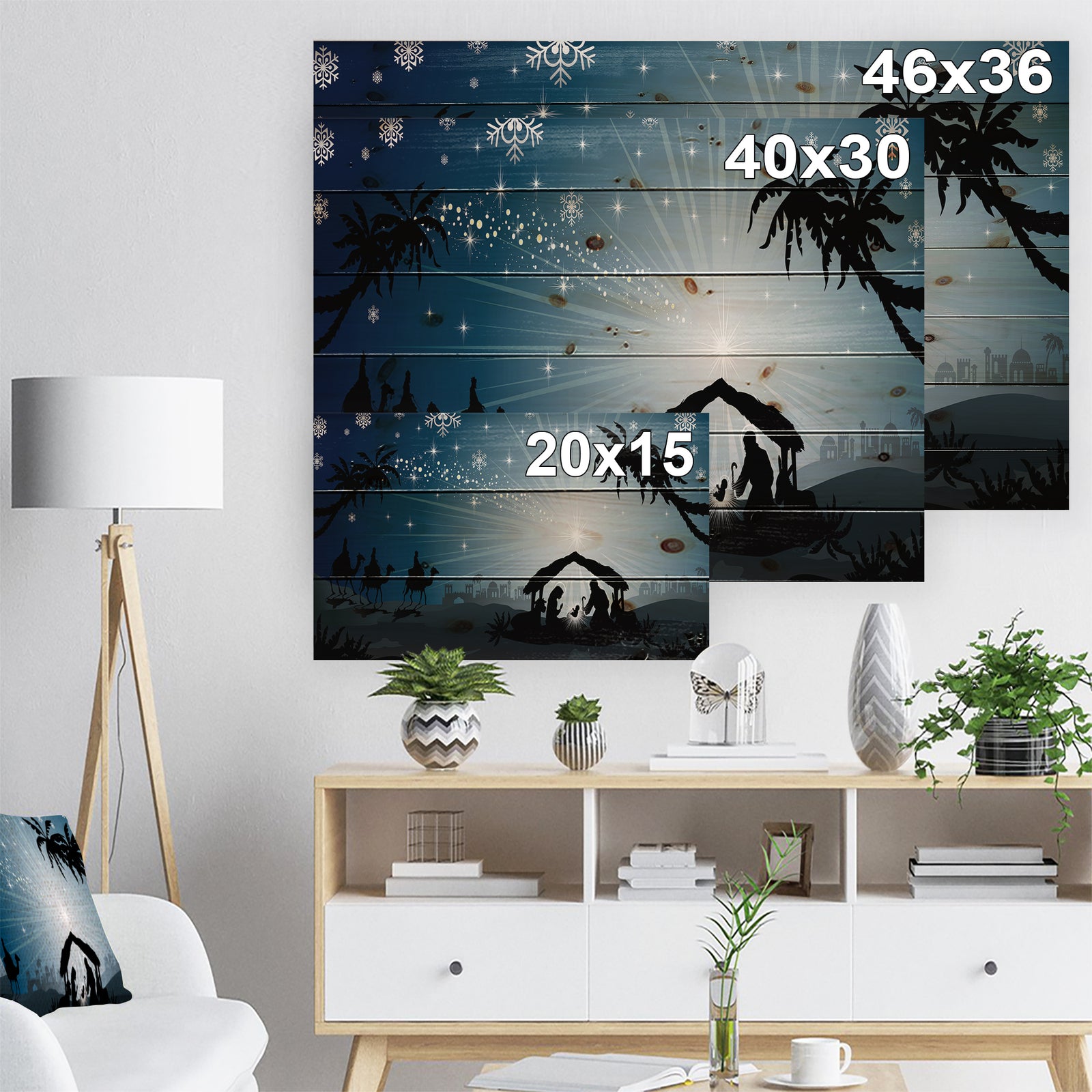 Christmas Nativity Scene with Three Wise Men - Print on Natural Pine Wood