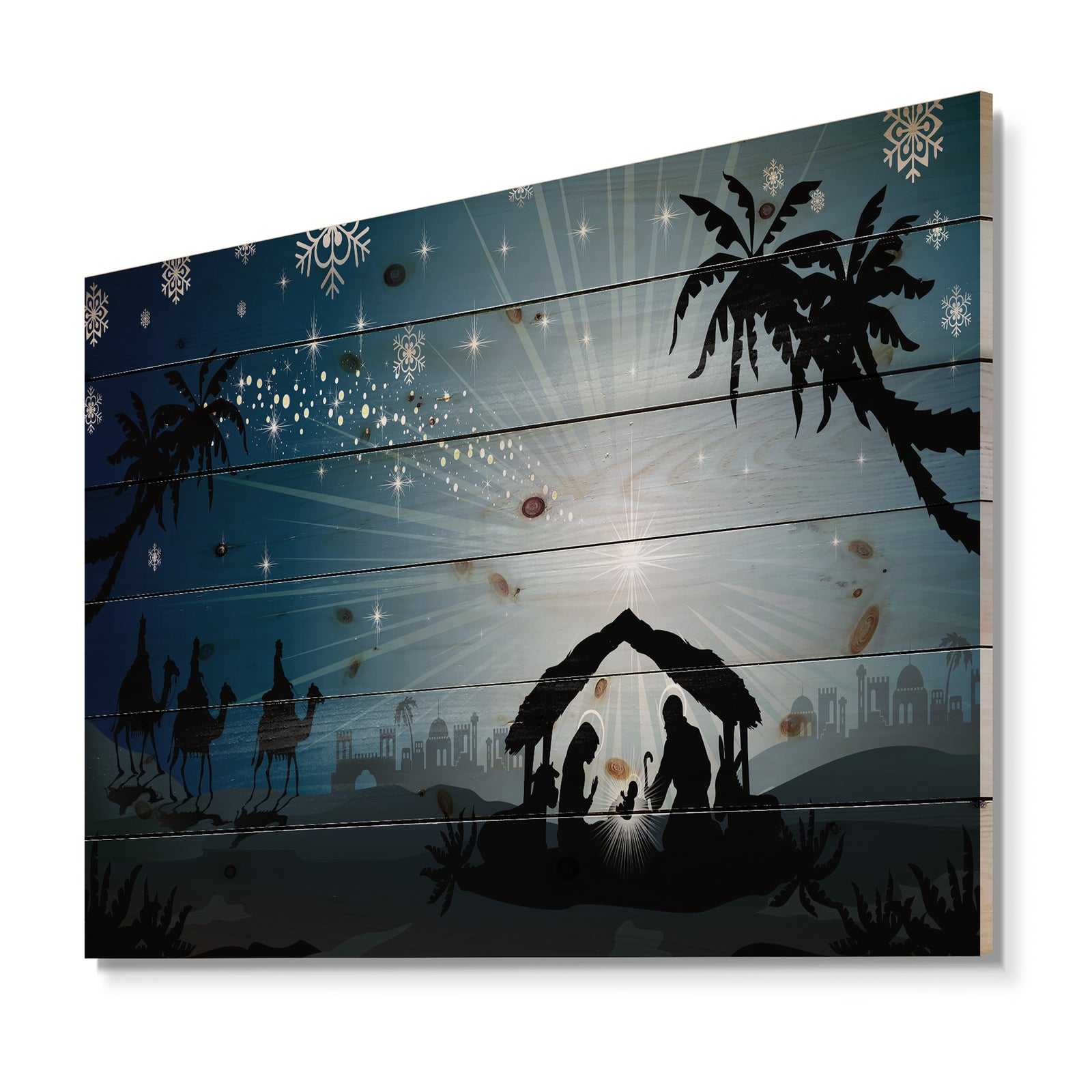 Christmas Nativity Scene with Three Wise Men - Print on Natural Pine Wood