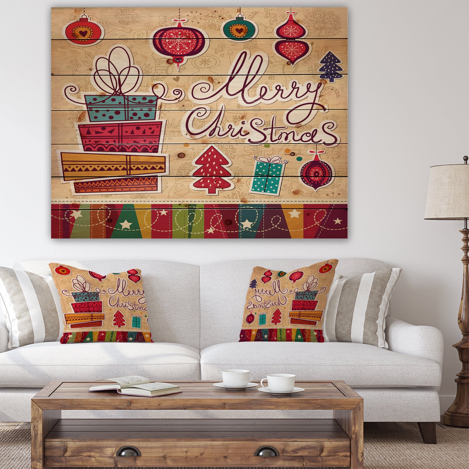 Chrismas presents with christmas tree balls - Print on Natural Pine Wood