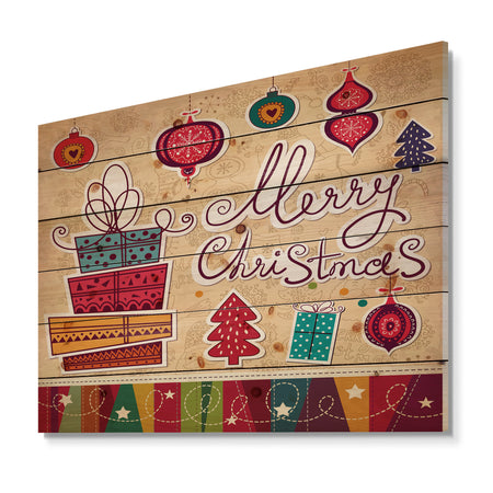Chrismas presents with christmas tree balls - Print on Natural Pine Wood