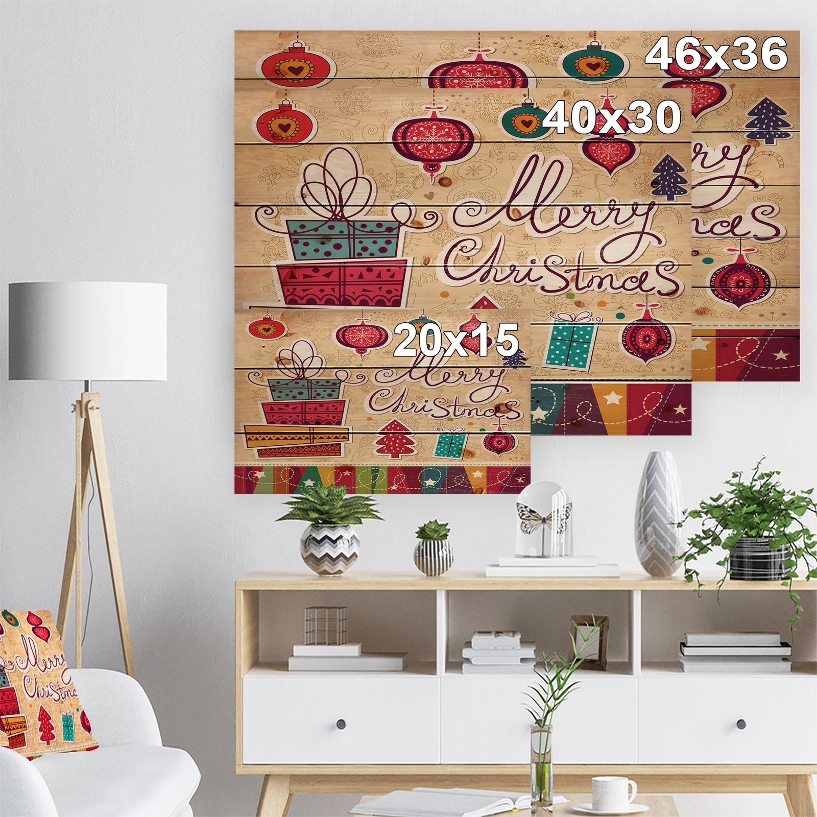Chrismas presents with christmas tree balls - Print on Natural Pine Wood