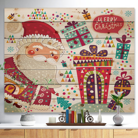 Santa Claus with Christmas presents - Print on Natural Pine Wood