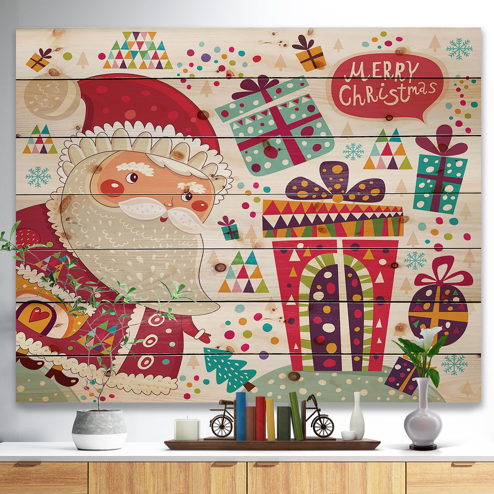 Santa Claus with Christmas presents - Print on Natural Pine Wood